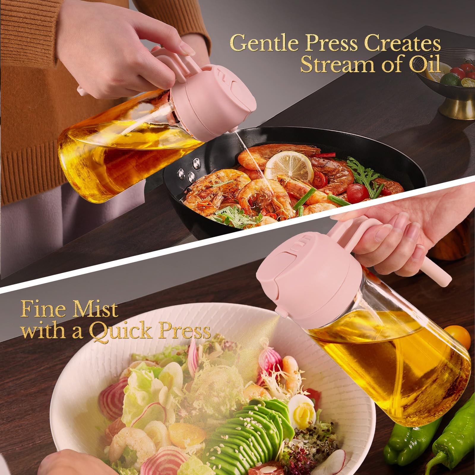 YARRAMATE 4er-Pack 16 oz Glas-Olivenölzerstäuber für Kochen, 2-in-1 Ölzerstäuber & Spenderflaschen-Set mit rosa Geschenkbox, Ölzerstäuberflasche für Heißluftfritteuse, Salat, BBQ – Küchenhelfer.