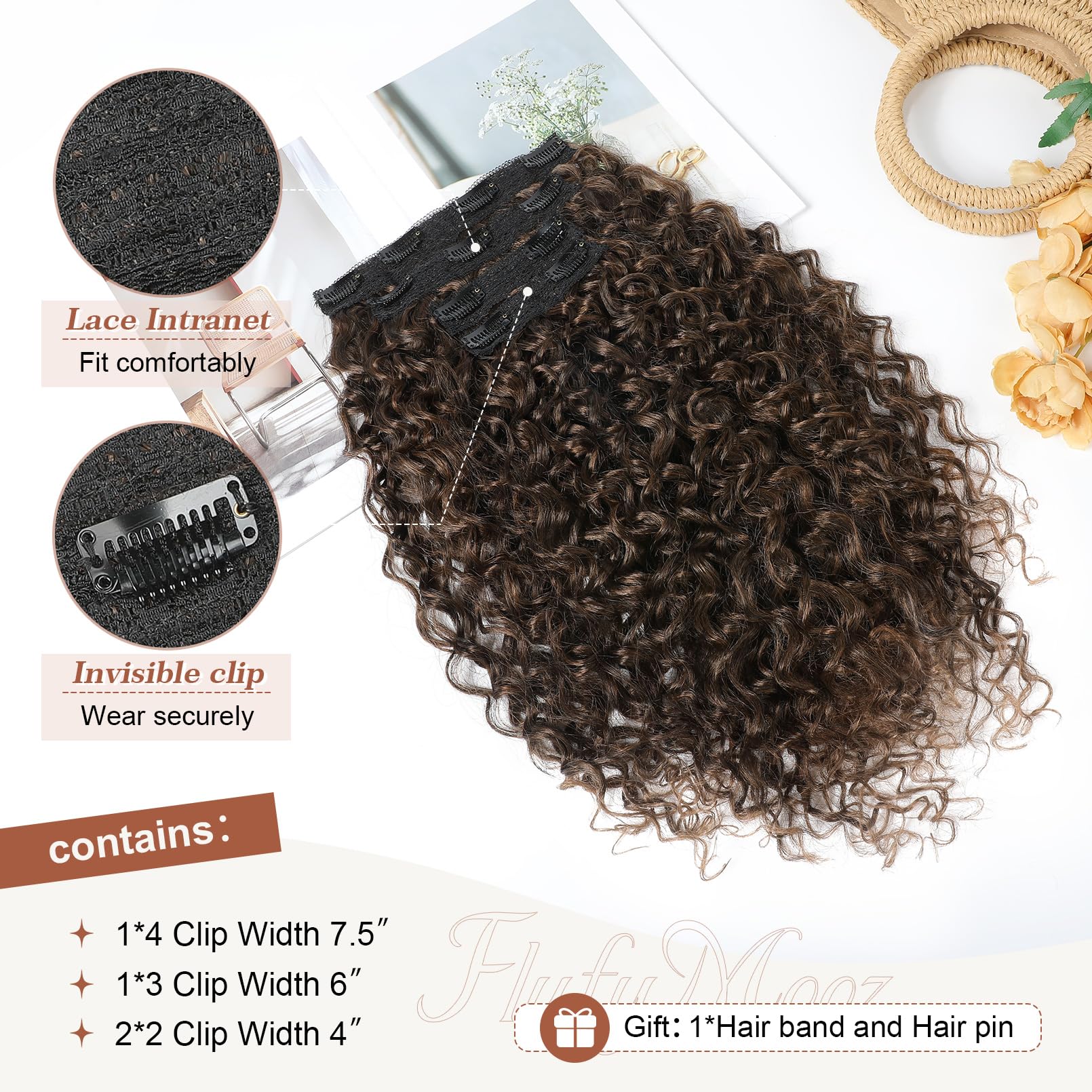 FLUFYMOOZ hair extensions Clip-in-Haarverlängerungen, 4-teilig, 100% reine Proteinseide, Haarverlängerungen, lang, weich, natürlich, 50 cm, lockige Haarverlängerung (Dunkelmandelbraun mit Kupfer)
