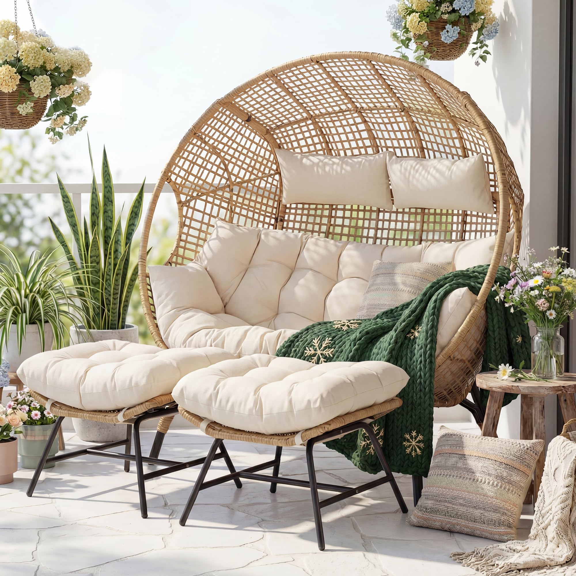 RADIATA Oversized Double Wicker Egg Chair with Ottoman, Extra Large 2 Seater Loveseat with Foot Stool Inside Outside, 680 lbs Heavy Duty Egg-Shaped