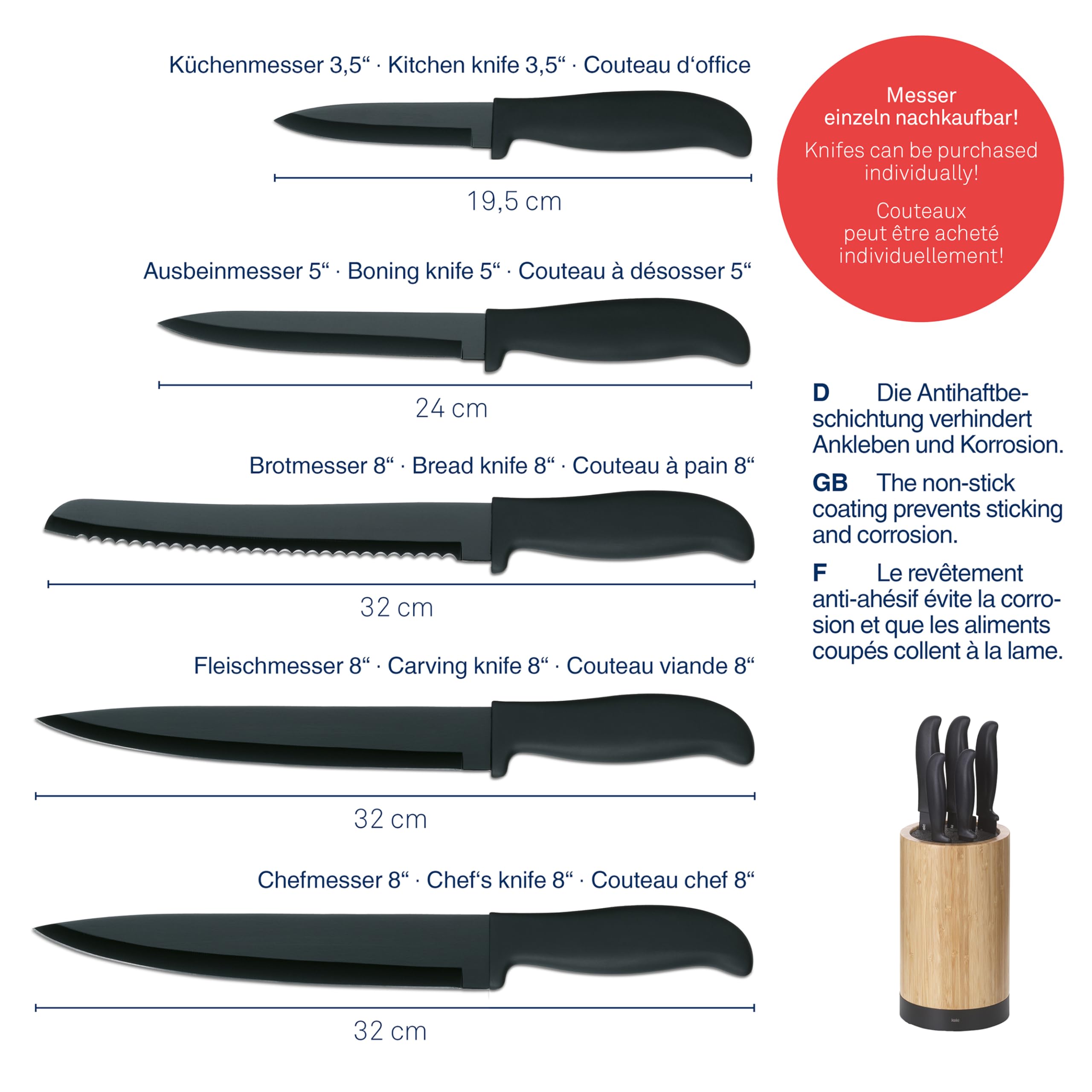 kela Bloque para cuchillos con juego de cuchillos ACIDA, 5 cuchillos, madera de bambú Soporte para cuchillos con inserto de cerdas, Ø 13 cm, negro