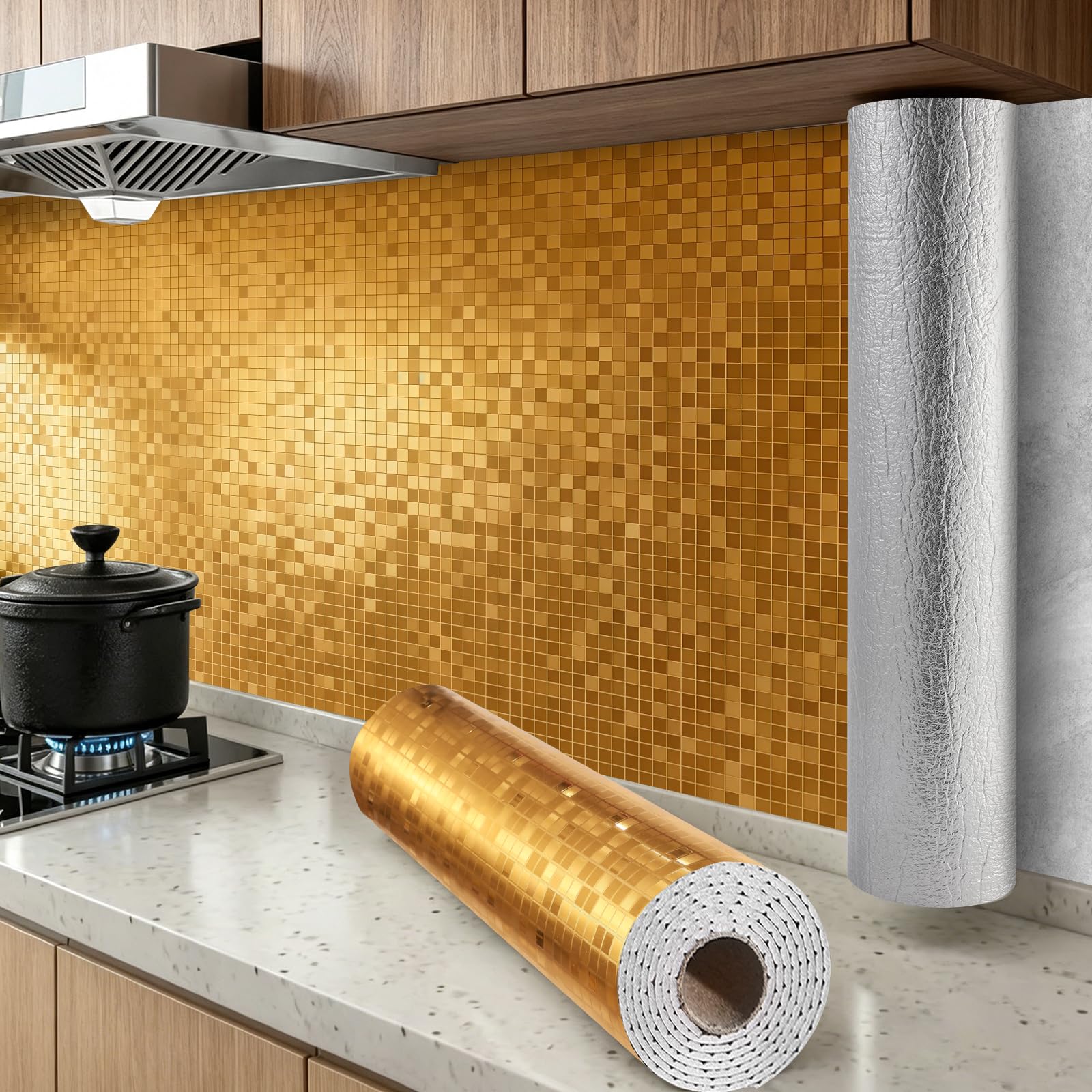 2Roll Metallic Gold Glitter Mosaic Self Adhesive Wallpaper Peel and Stick Wallpaper For Kitchen Bathroom 2.2mm Thick Thermal Waterproof Insulate Sticky Back Plastic Vinyl Removable Wall Paper Roll