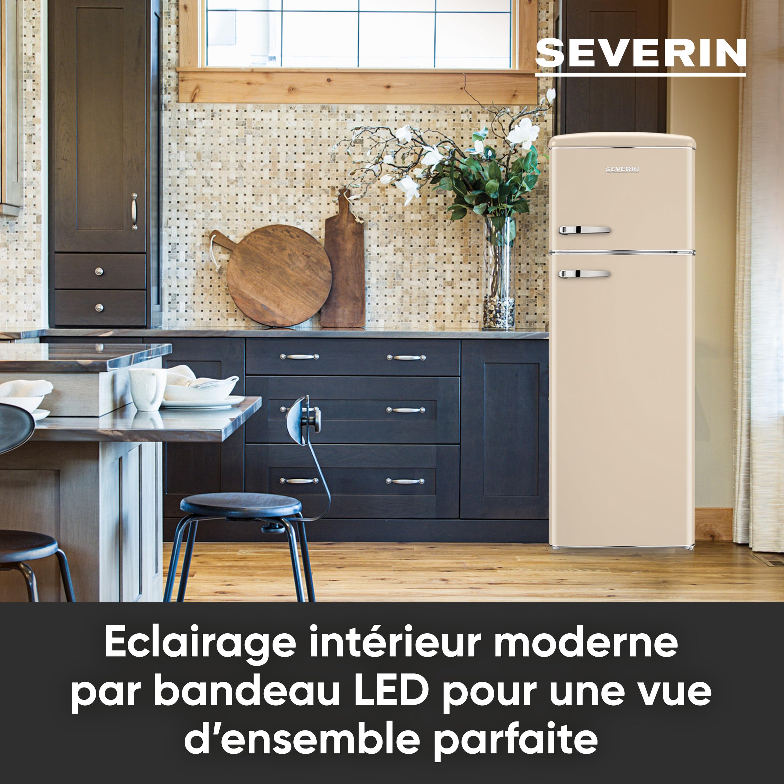 SEVERIN Réfrigérateur Congélateur 2 portes, Pose libre, Réfrigérateur Double Porte avec Congélateur Largeur 55 cm, 246 L, Classe D, Look Rétro, Crème, RKG 8985