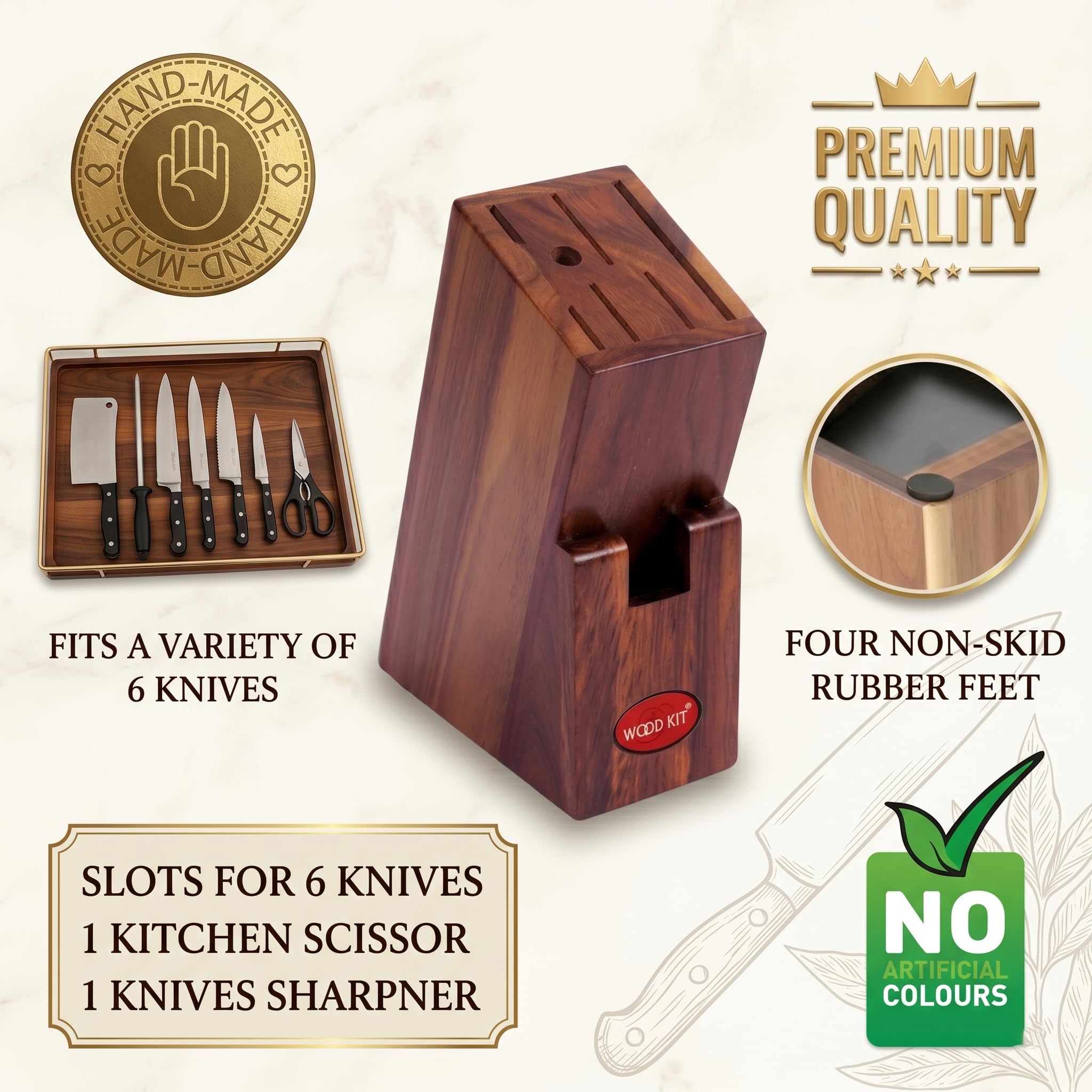 Woodkit Sheesham Wood Knife Stand | Handcrafted Wooden Knife Holder for Kitchen | Universal Slot-Free Knife Block | Countertop Cutlery Organizer 4