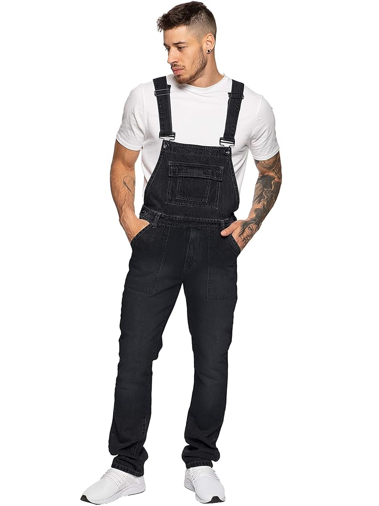 Amazon.com: Ze ENZO Mens Denim Blue Black Dungarees Work