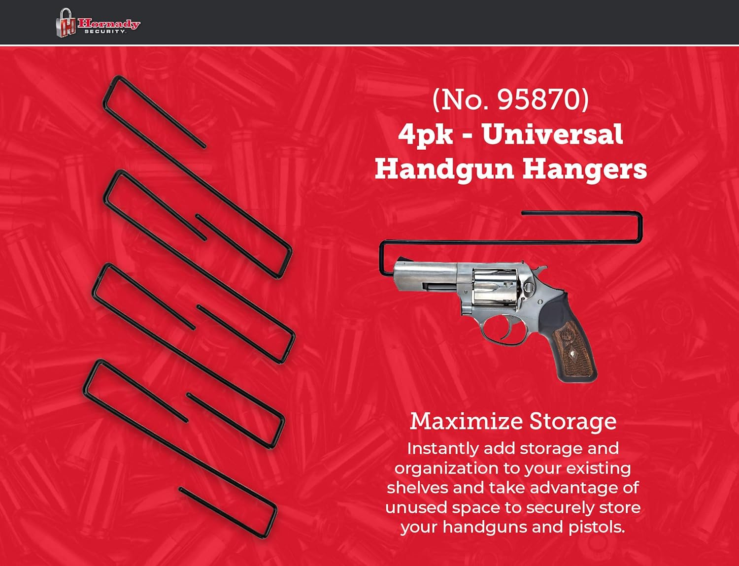 Hornady Universal Handgun Hangers, 95870, 4pk - Maximize Gun Safe Space with Easy Access Under Shelf Storage Gun Hangers -PVC Coated Steel Wire Pistol Holder Protect & Store 22 Caliber Handgun & More