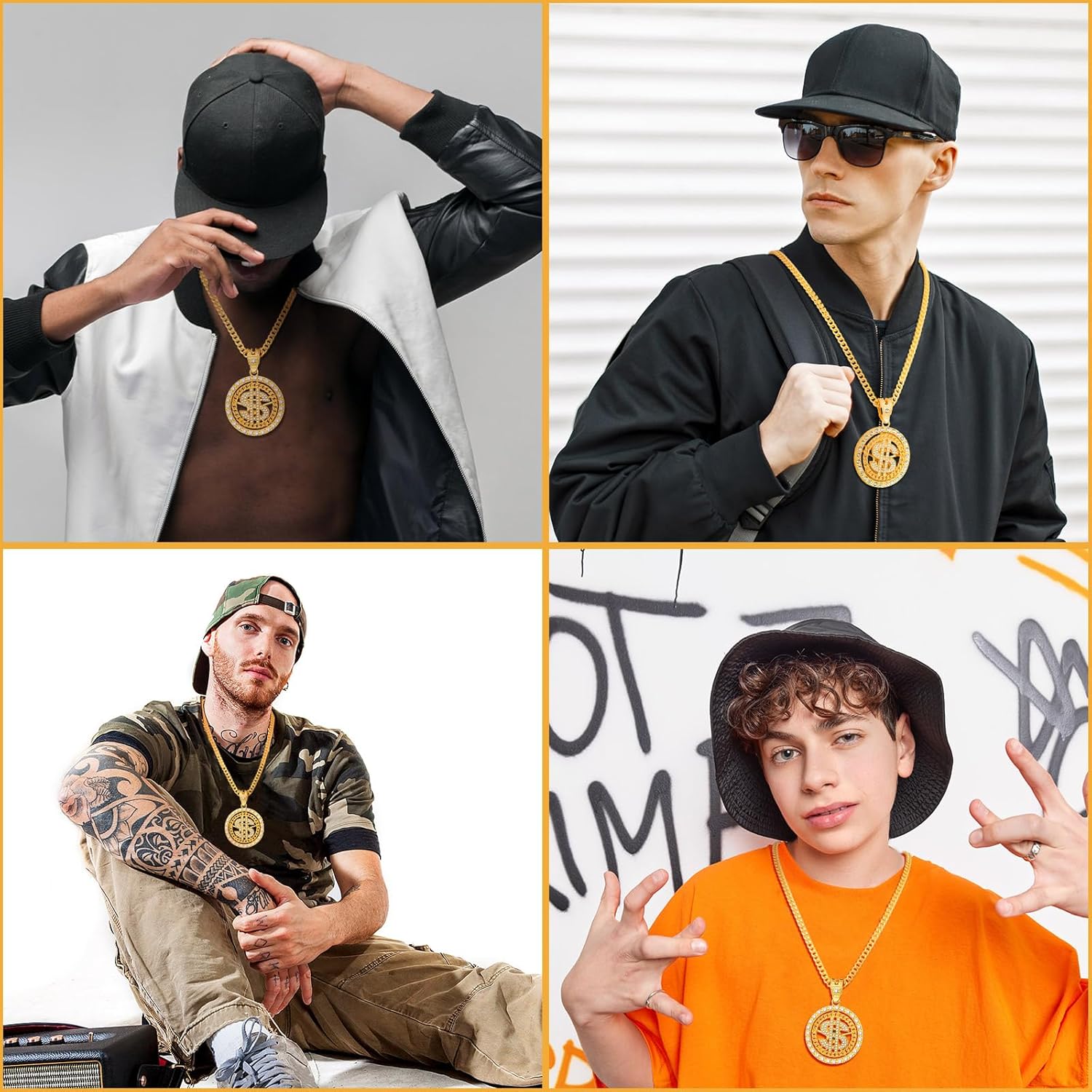Miniatura 7 de Huquary 16 piezas de collar de dólar con colgante de signo de dólar grande, collar de dólar giratorio de hip hop con cadena de rapero para hombres