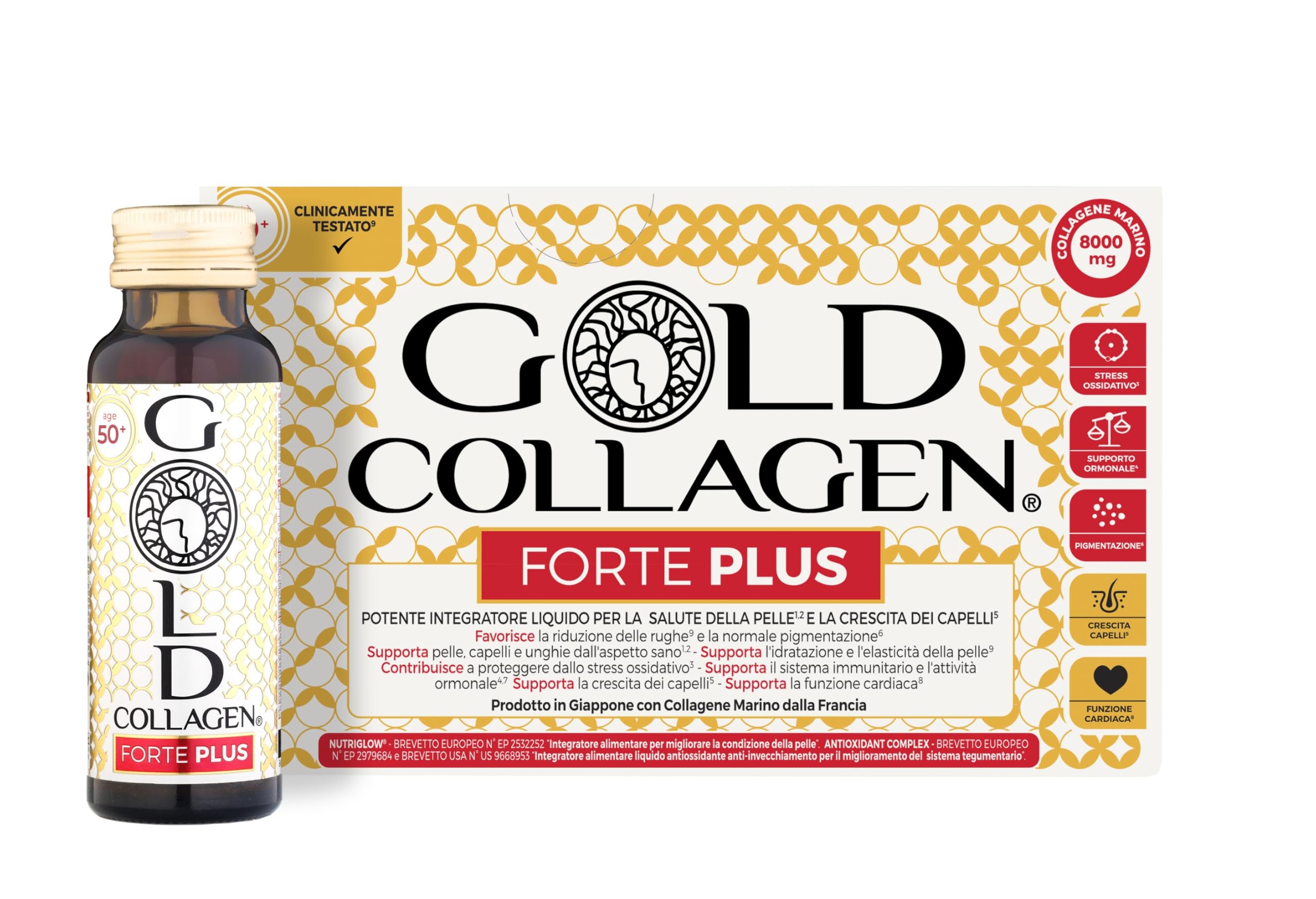 GOLD COLLAGEN New Forte Plus - Collagene Integratore Antirughe con Vitamina C Antiossidante, 8g Collagene Marino con Acido Ialuronico, Biotina Capelli, Pelle, Unghie e Sistema Immunitario, 1 x 10x50ml