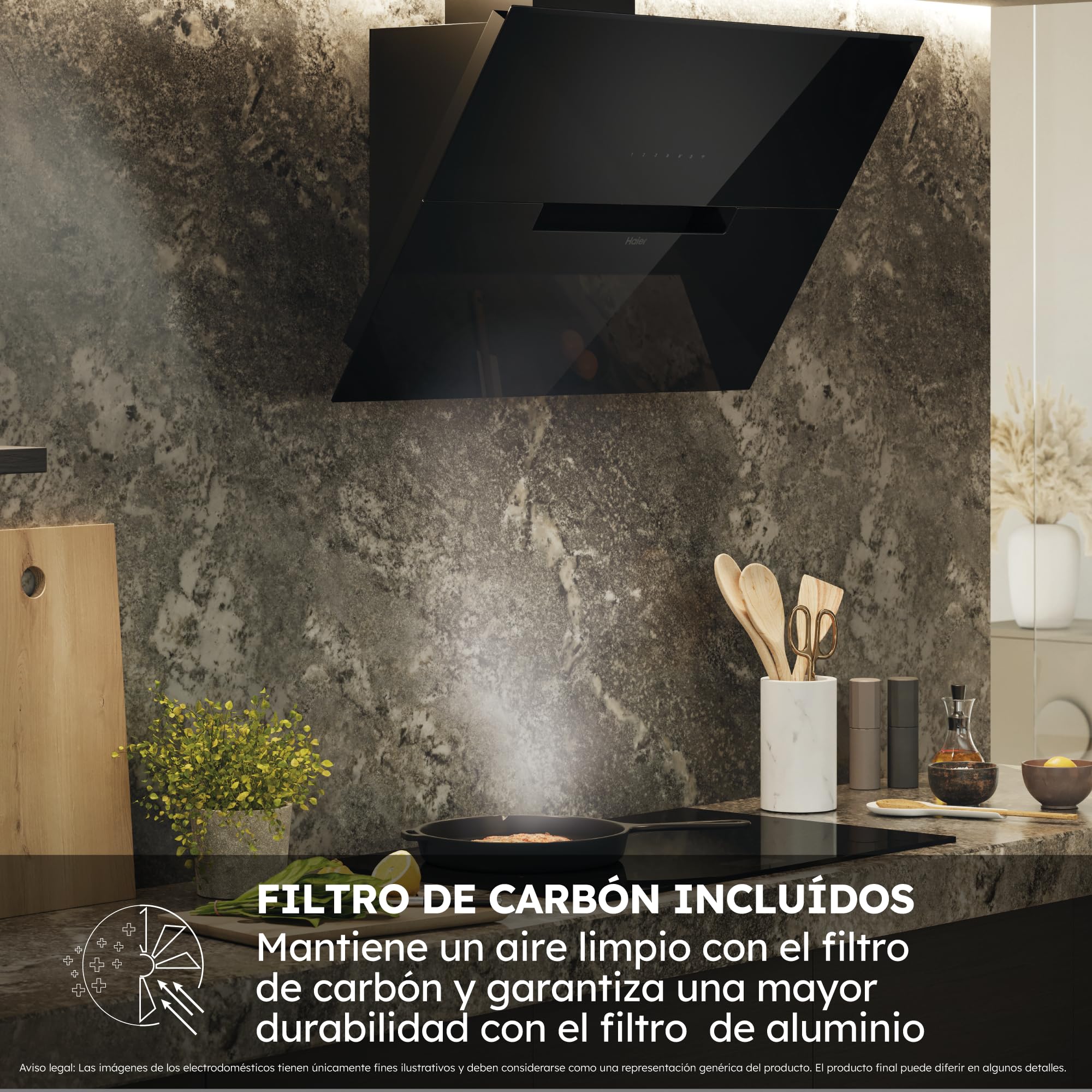 Haier I-Link HADG9CBS4BWIFI Campana extractora decorativa 90cm, WIFI, Potencia 937 m3/h, 270W, 5 Velocidades, 63 db, Filtros carbón, 2 Filtros Antigrasa, Luz LED, Cristal Negro