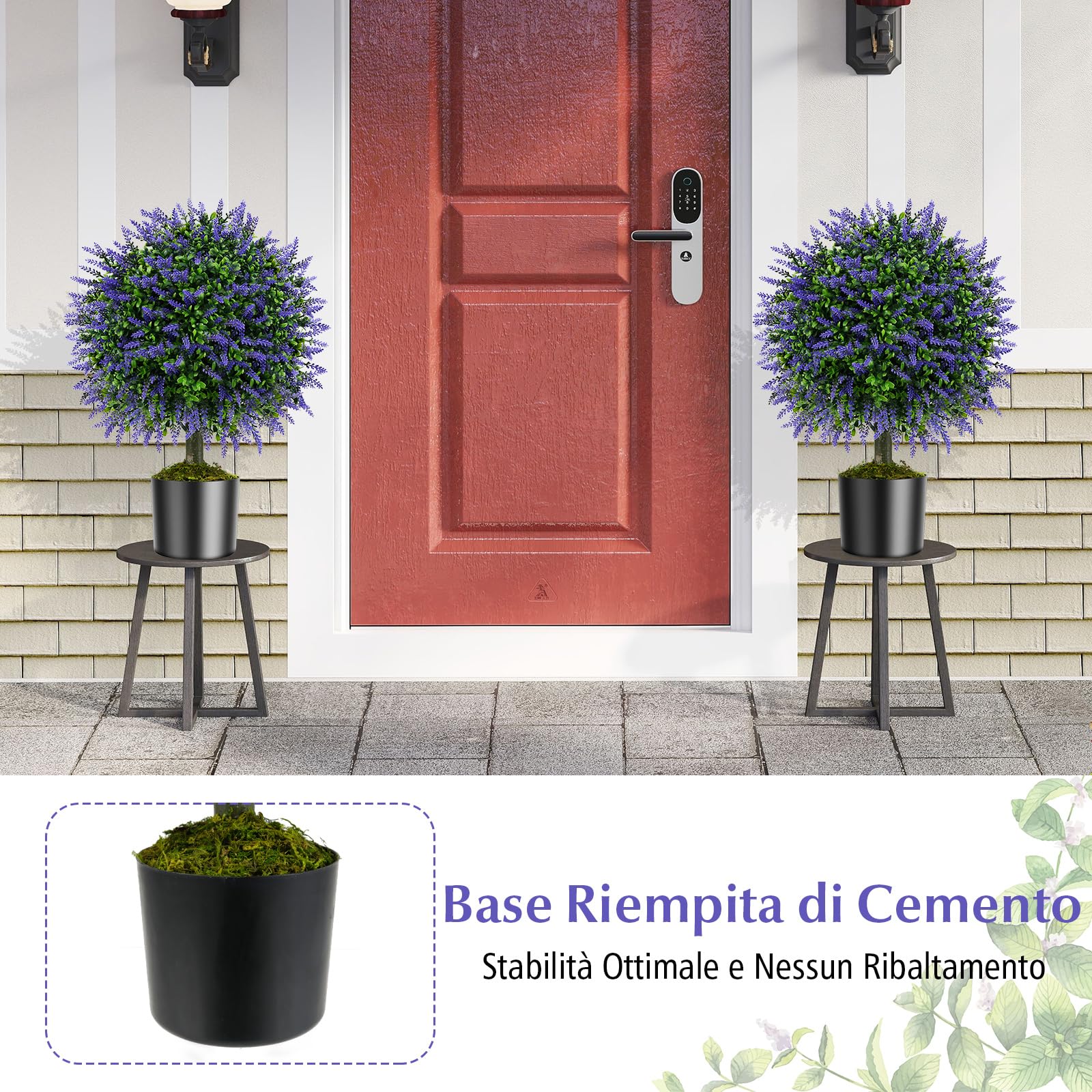 COSTWAY Set di 2 Alberi di Topiario Artificiale con Lavanda, Albero di Bosso Finto da 58 cm con Vaso Riempito di Cemento, Pianta Finta Resistente al Sole per Interni ed Esterni