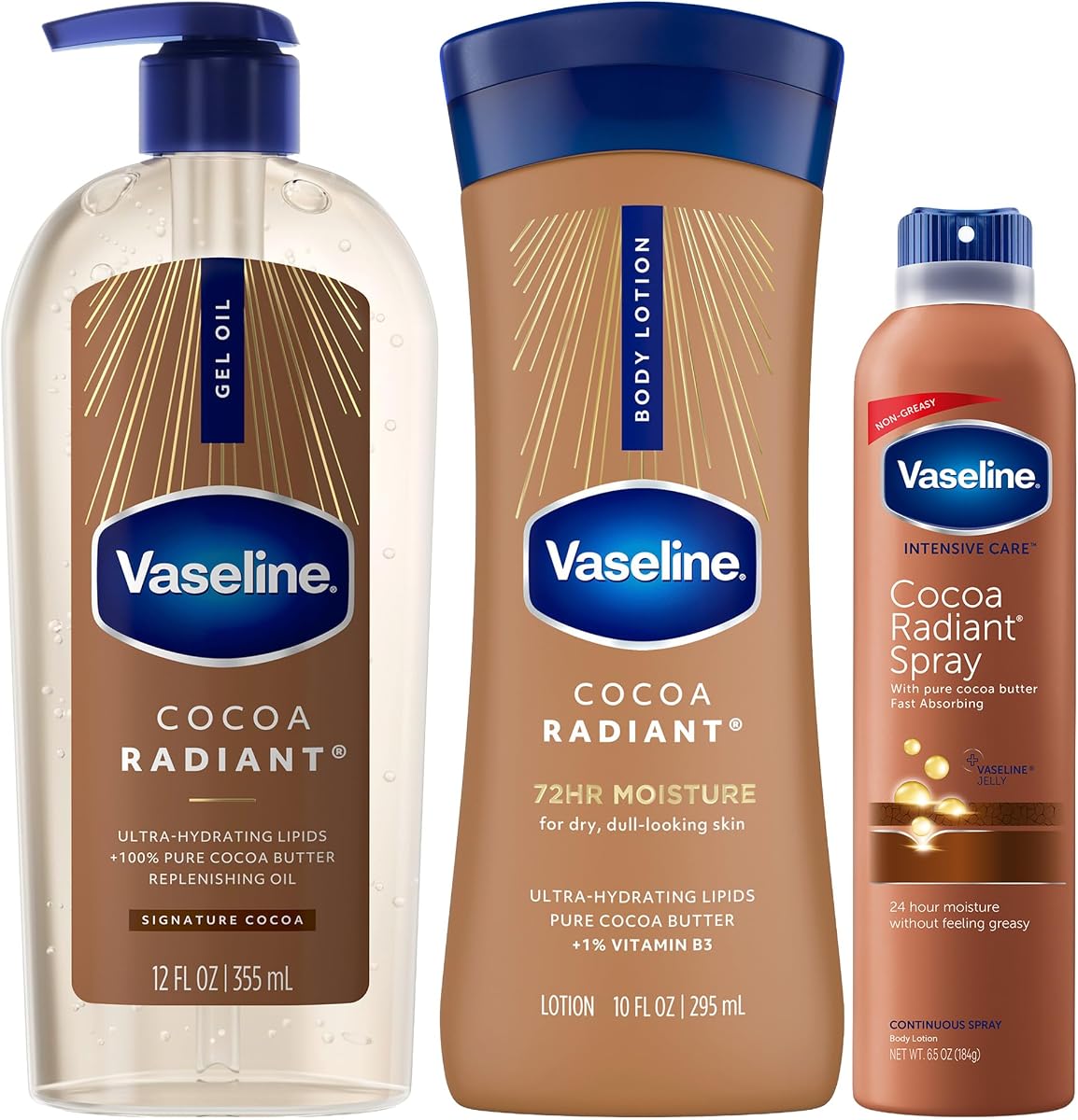 Paquete de crema hidratante radiante de cacao Vaseline – Loción para manos y cuerpo de cuidado intensivo, loción en aerosol y aceite de gel con manteca de cacao pura para piel extremadamente seca