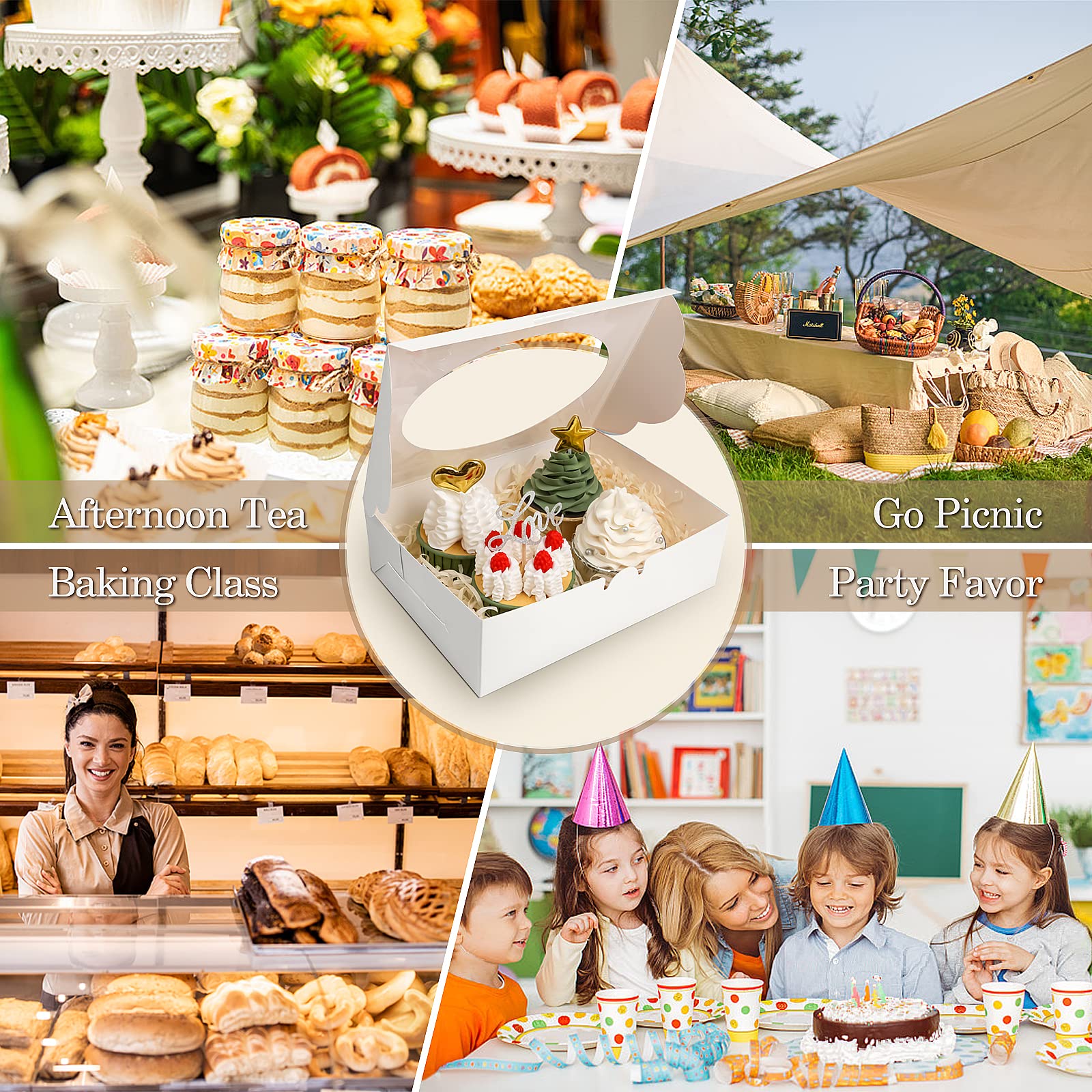 KPOSIYA 65 cajas de galletas de 8 x 6 x 2.5 pulgadas con ventana, cajas de panadería blancas para regalo, golosinas, postres, cupcakes, chocolate, fresas, donas, magdalenas (5 ventanas de estilo)