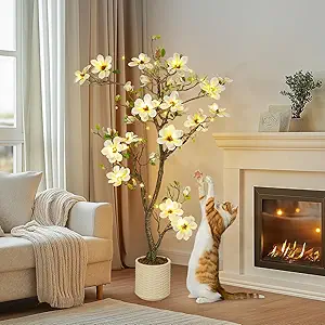 5FT Faux Magnolia Plant Artificial Flower Trees Fake Plants for Yard Patio Home Office Arrangement Decor Artificial Magnolia Tree Inc. 120 Realistic Flowers Vivid Leaves Mosses Lighting White Pot