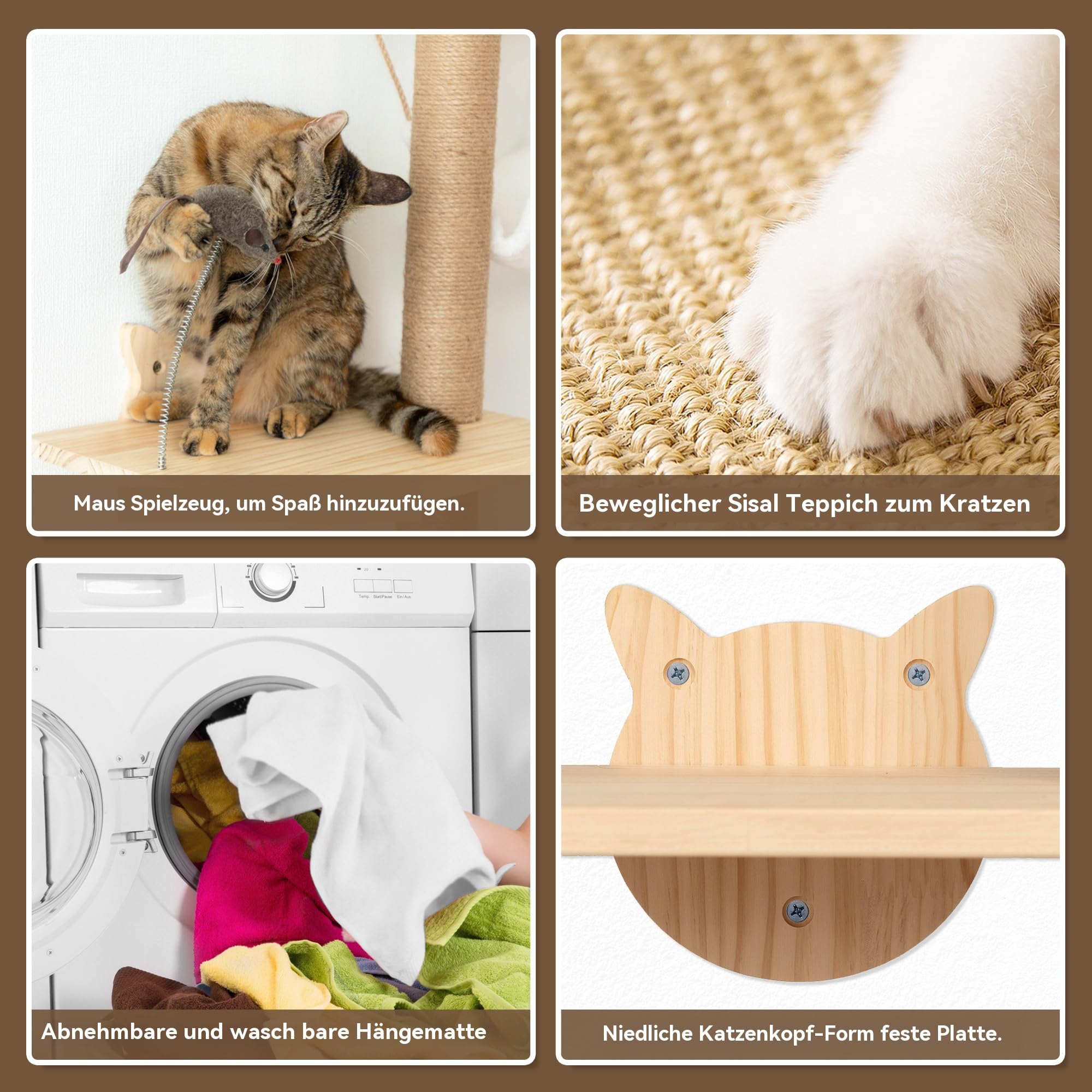 Kratzbaum für Katzen Wand Klettern 4 Etagen Katzenturm(176 cm) aus Natürliches Kiefernholz Katzenregal mit Hängematte und Sisal-Kratzmatte Federnde Spielmaus Kletterwand für Wohnungskatzen