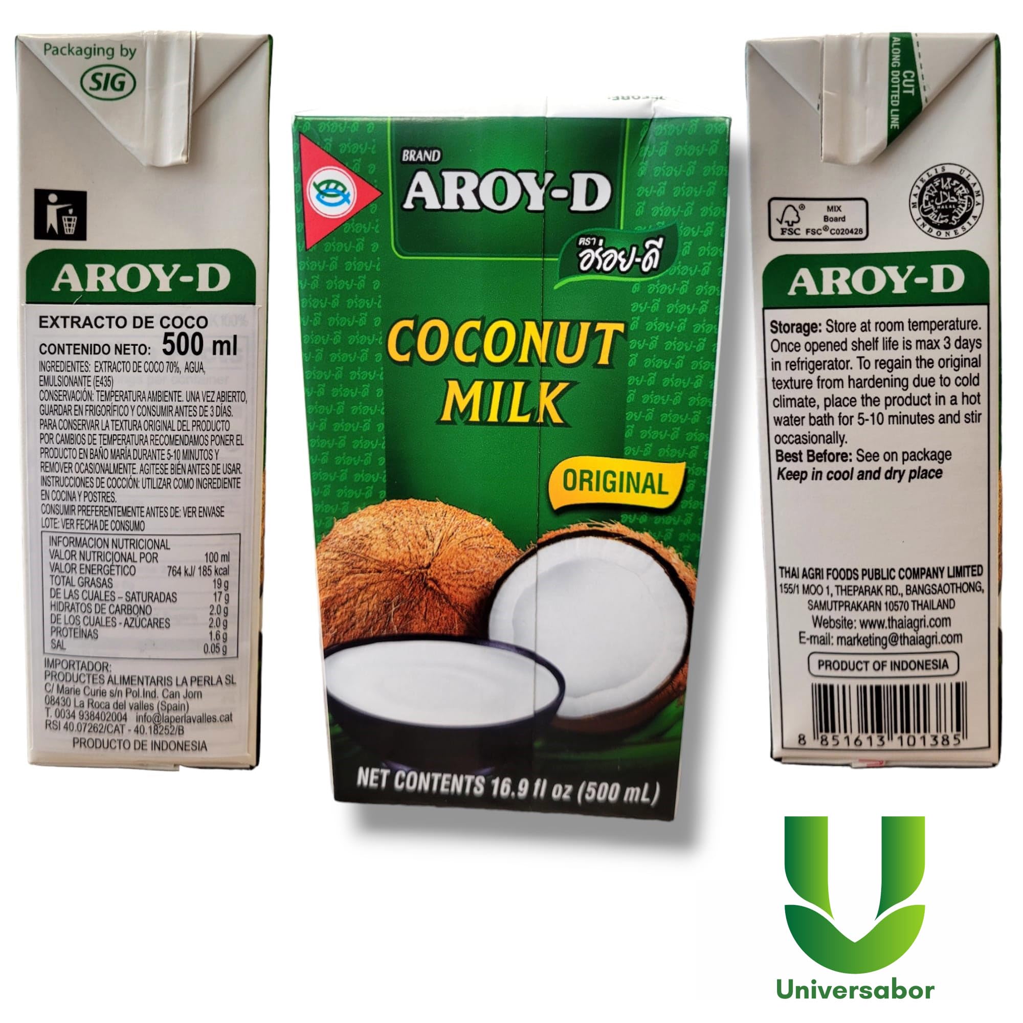 Aroy-D Leche de Coco 500ml Tetrapack Pack de 3