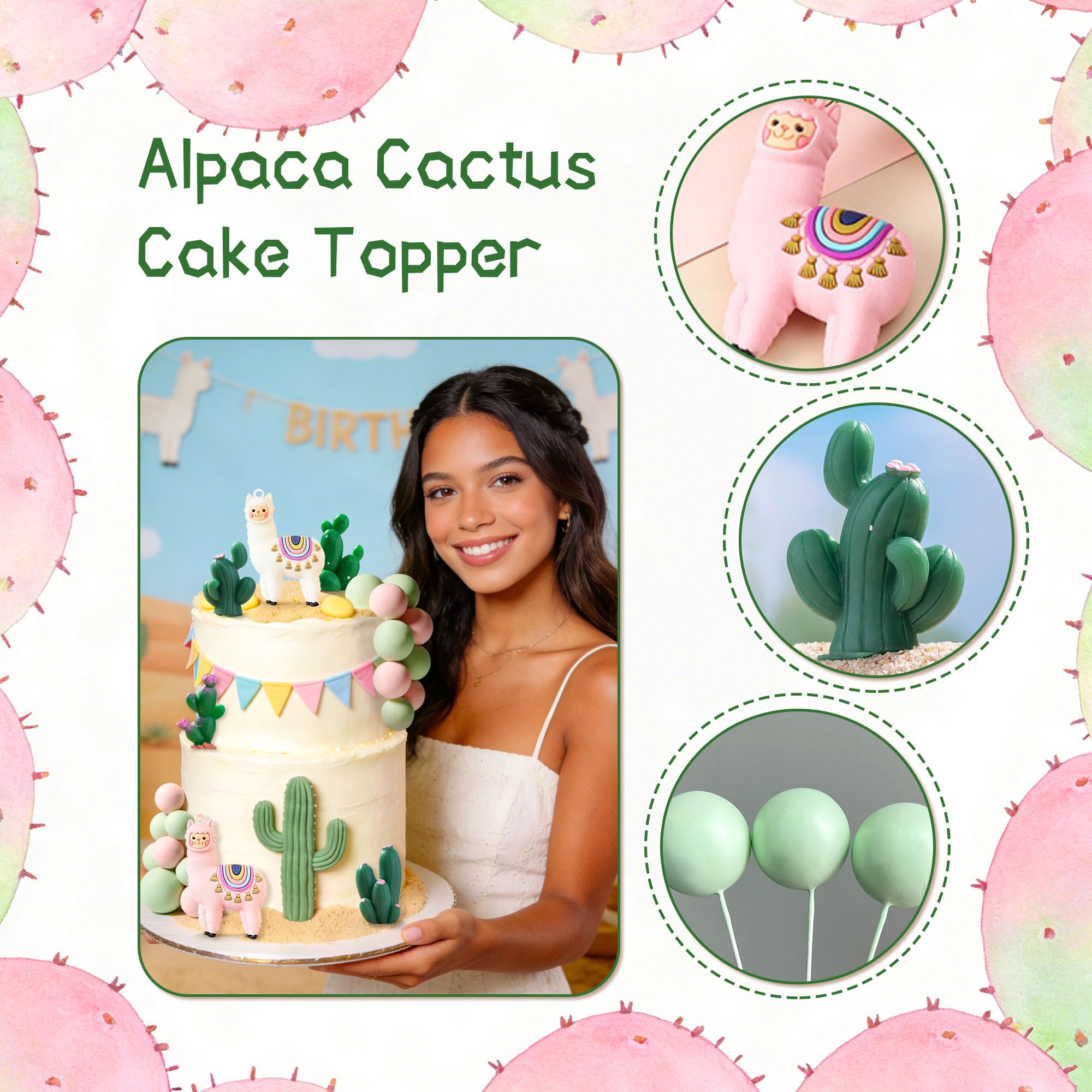 Llama Cactus Alpaca Cactus Cake Topper Decorations for Mexican Fiesta Birthday Baby Shower Cinco De Mayo Party Supplies - Image 3