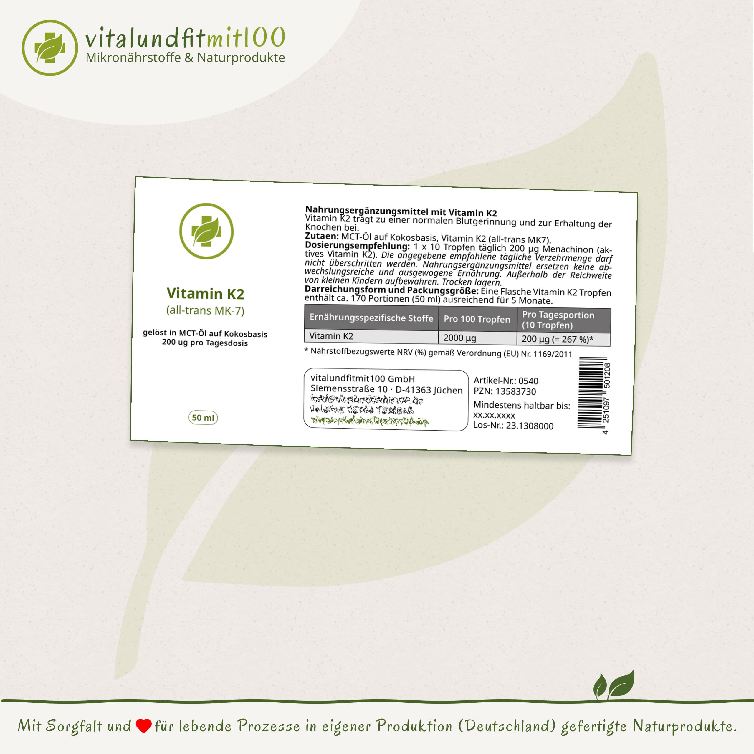 Vitamin K2 Tropfen 50 ml (all-trans MK-7) - produktionsfrische Ware - 100% vegan - glutenfrei/laktosefrei - OHNE Hilfs- u. Zusatzstoffe