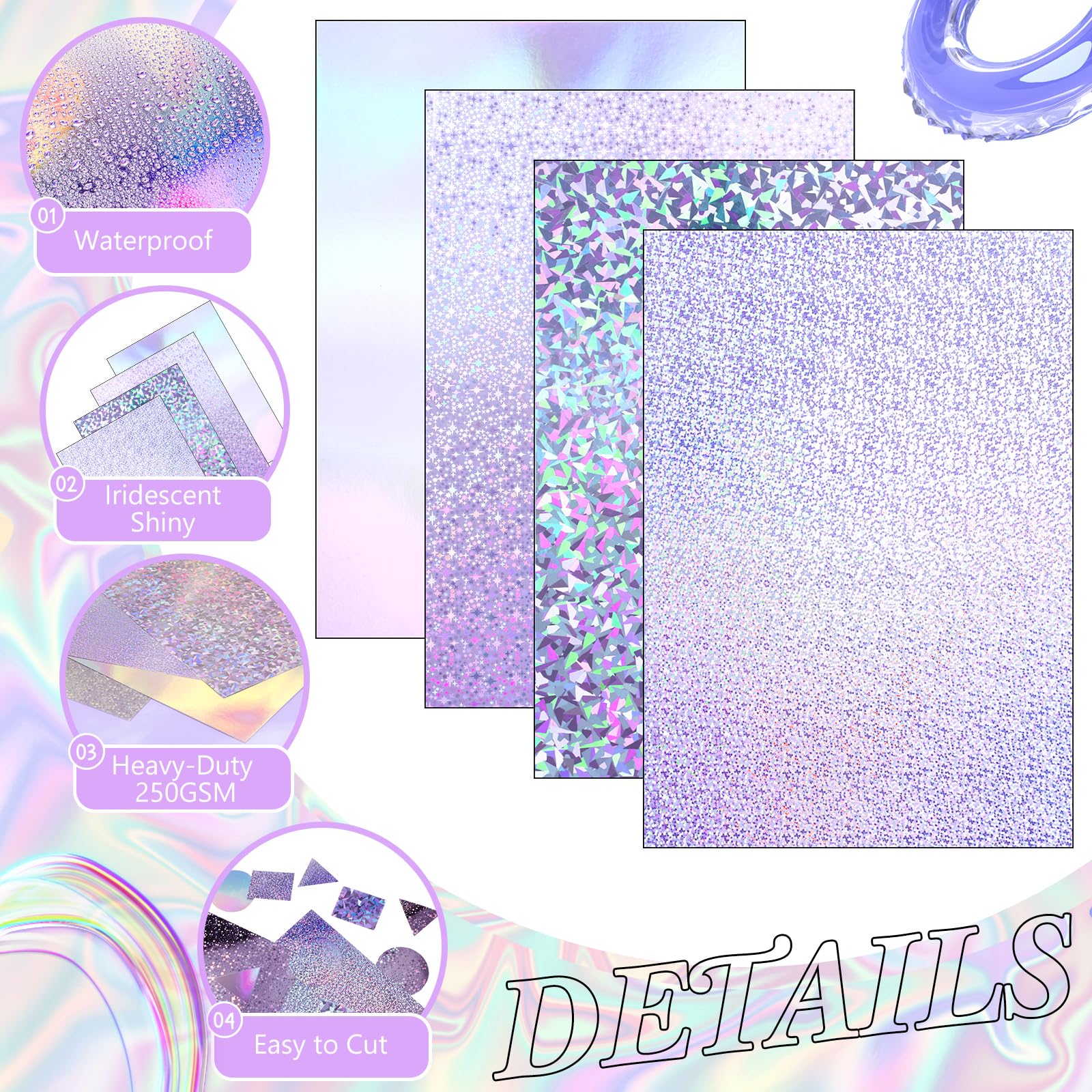 Kosiz 100 hojas de papel holográfico metálico brillante iridiscente espejo hojas de 8.5 x 11 pulgadas, papel de color mixto de 250 g/m², cartulina metálica gruesa para álbumes de recortes, cartas,