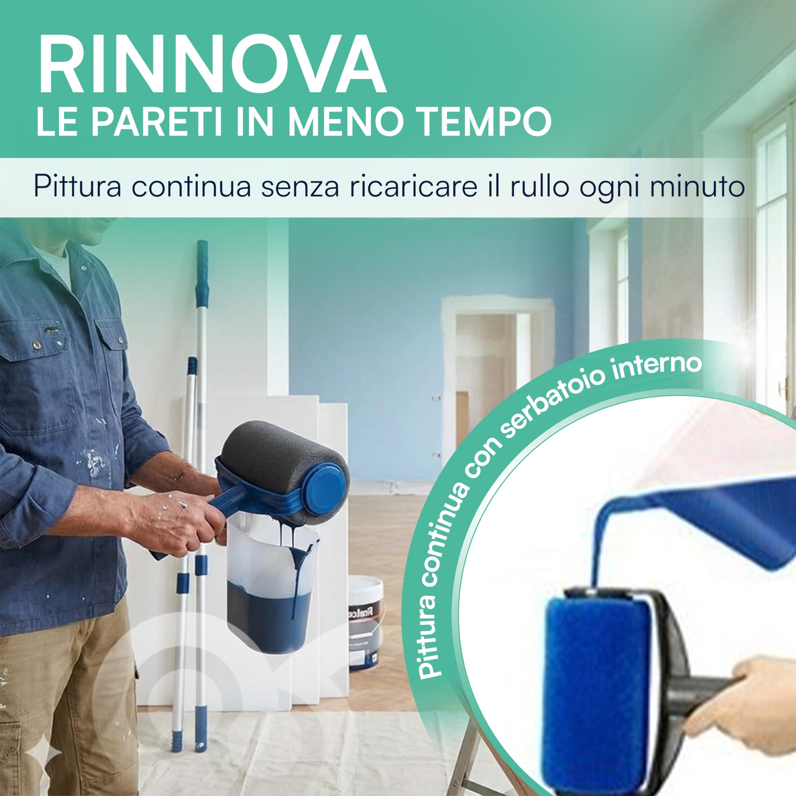 Tempo di Saldi Rullo per Pittura con Serbatoio Professionale Antigoccia e Ricaricabile, Capacità 1 Litro, Larghezza 15 cm - ProKit per Imbiancare Casa Facile con Manico Allungabile per Pareti e Angoli