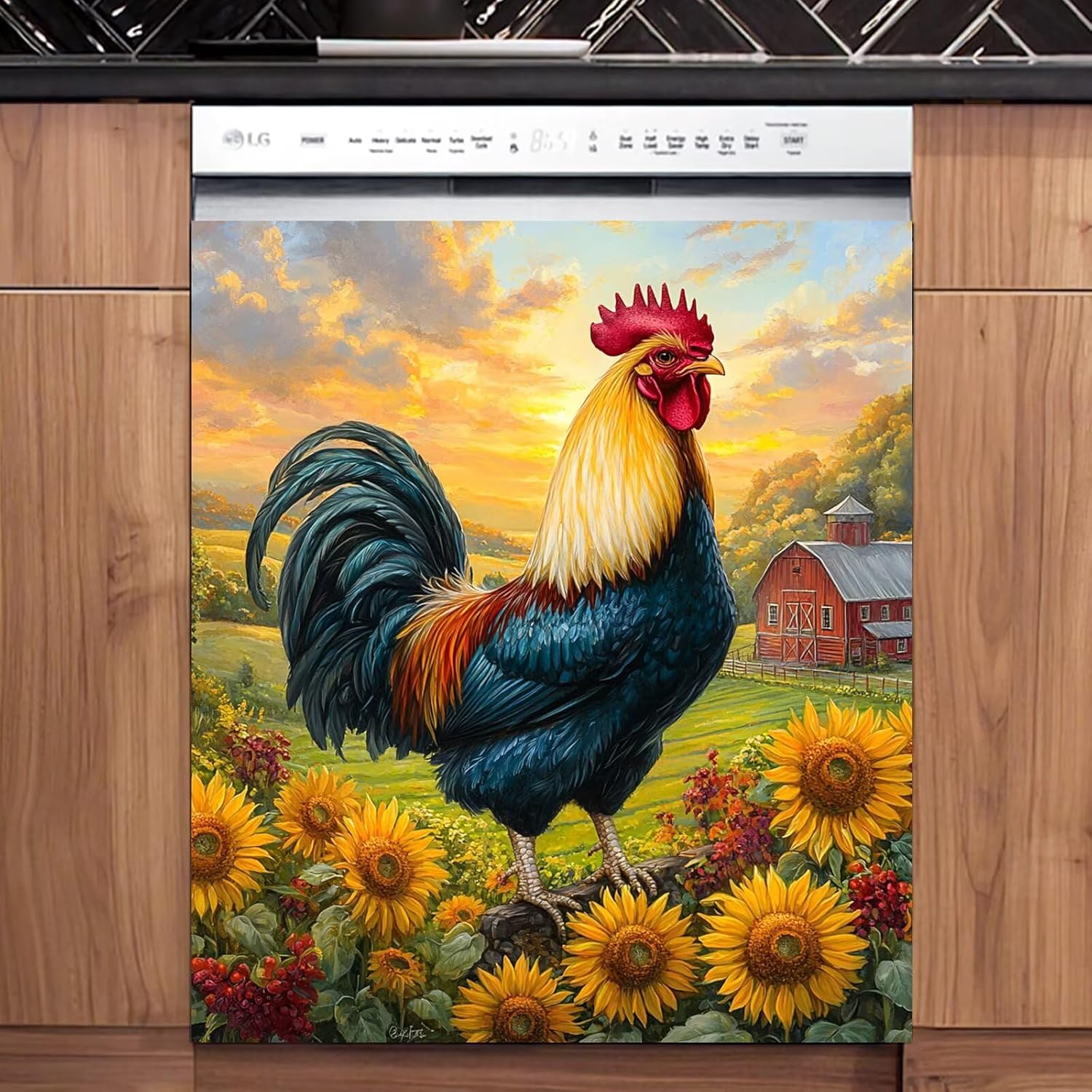 Animal Rooster Magnet Dishwasher Cover Decal Vinyl Decor, Farmhouse Sunflowers Refrigerator Magnetic Skins Cover, Farm Red Barn Dishwasher Panel Decal 23" x 26" Magnetic