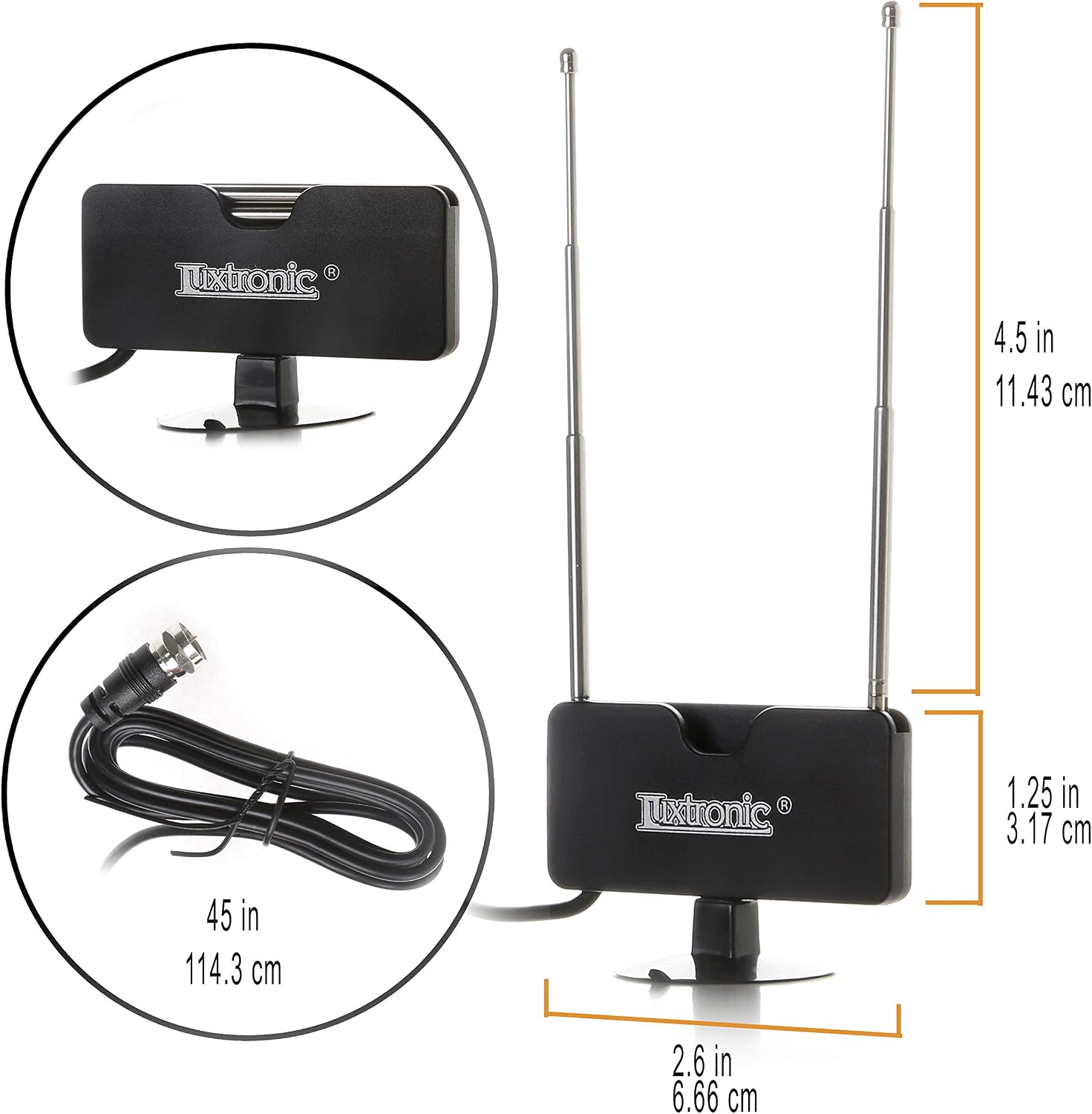 (2020 New Model) Luxtronic Indoor Mini TV Antenna, 40 Miles Signal Reception for 1080P, VHF and UHF, Get Local Channels for Smart TV, HDTV and TV Turner with Multi-Positioning Suction Cup- Black