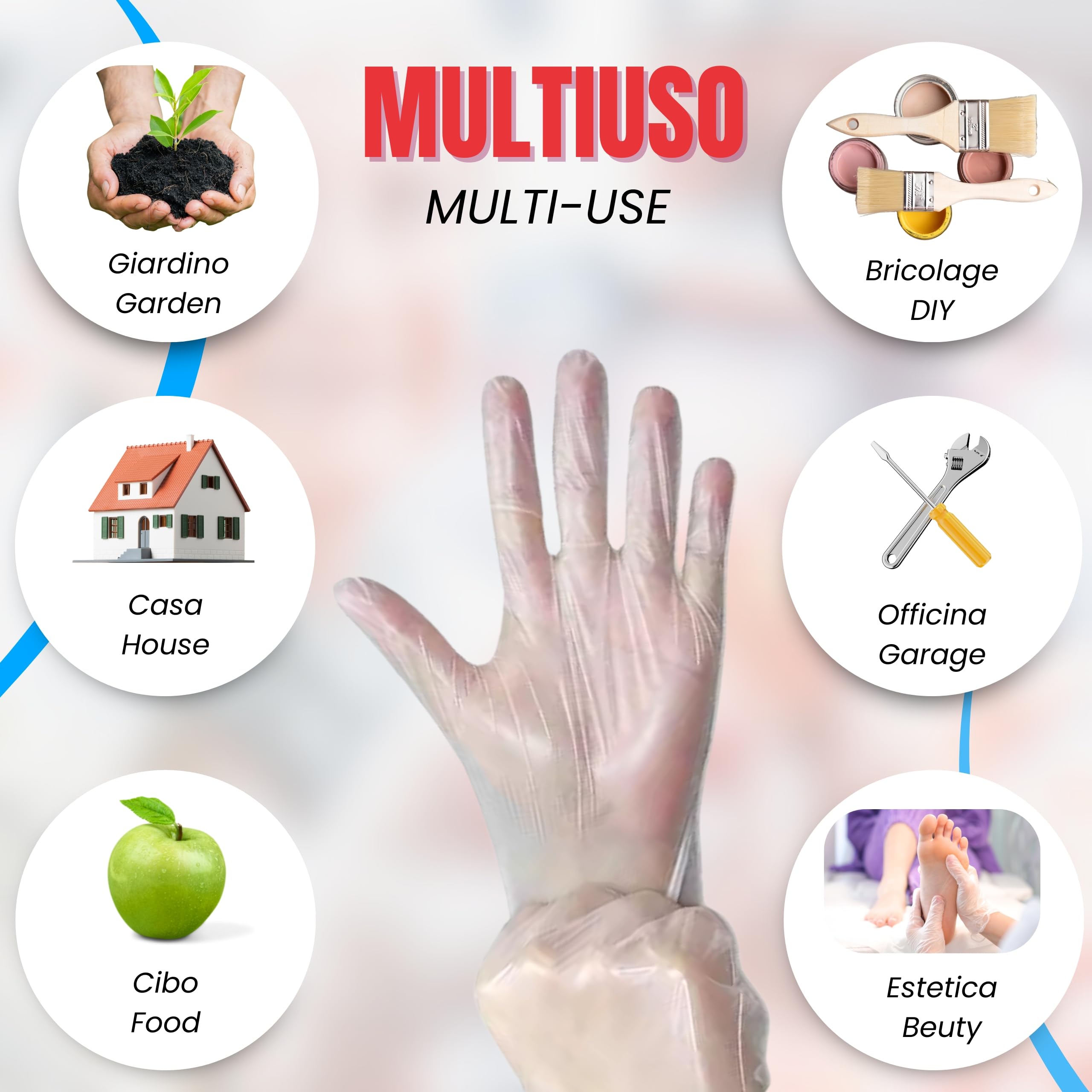 Bottari Guanti Monouso in TPE Senza Polvere, 100 Pezzi, Resistenti per Pulizia, Alimenti, Giardinaggio, Bricolage e Casa