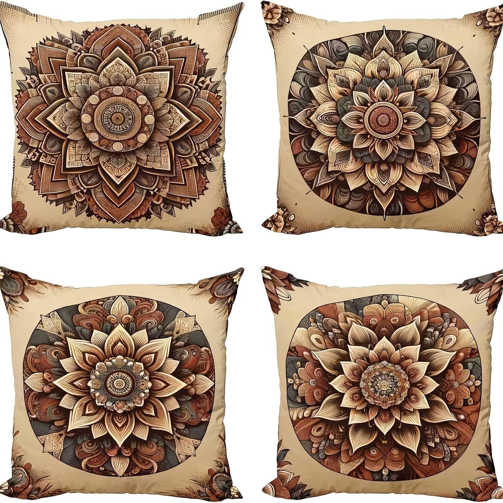 QiHon Brown Mandala Cushion Covers 30x30 cm Set of 4, Decorative Throw Pillow Cases, 12x12 inch Square Linen Pillowcases for Sofa Living Room Bedroo
