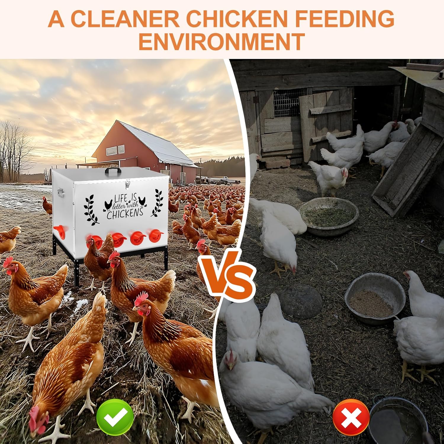 Chicken Feeder Metal, 95LB Large Chicken Feeder with 10 No Waste Feeding Ports, Galvanized Chicken Feeders with 4 Adjustable Legs & Locking Lid