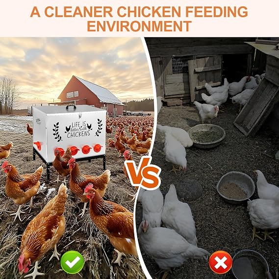 Automatic Chicken Feeders with Lid, 95LB Galvanized Chicken Feeder Metal - 10 No Waste Feeding Ports, Outdoor Large Capacity Poultry Feeders with 4 Adjustable Legs for Outdoor Chicken Coop
