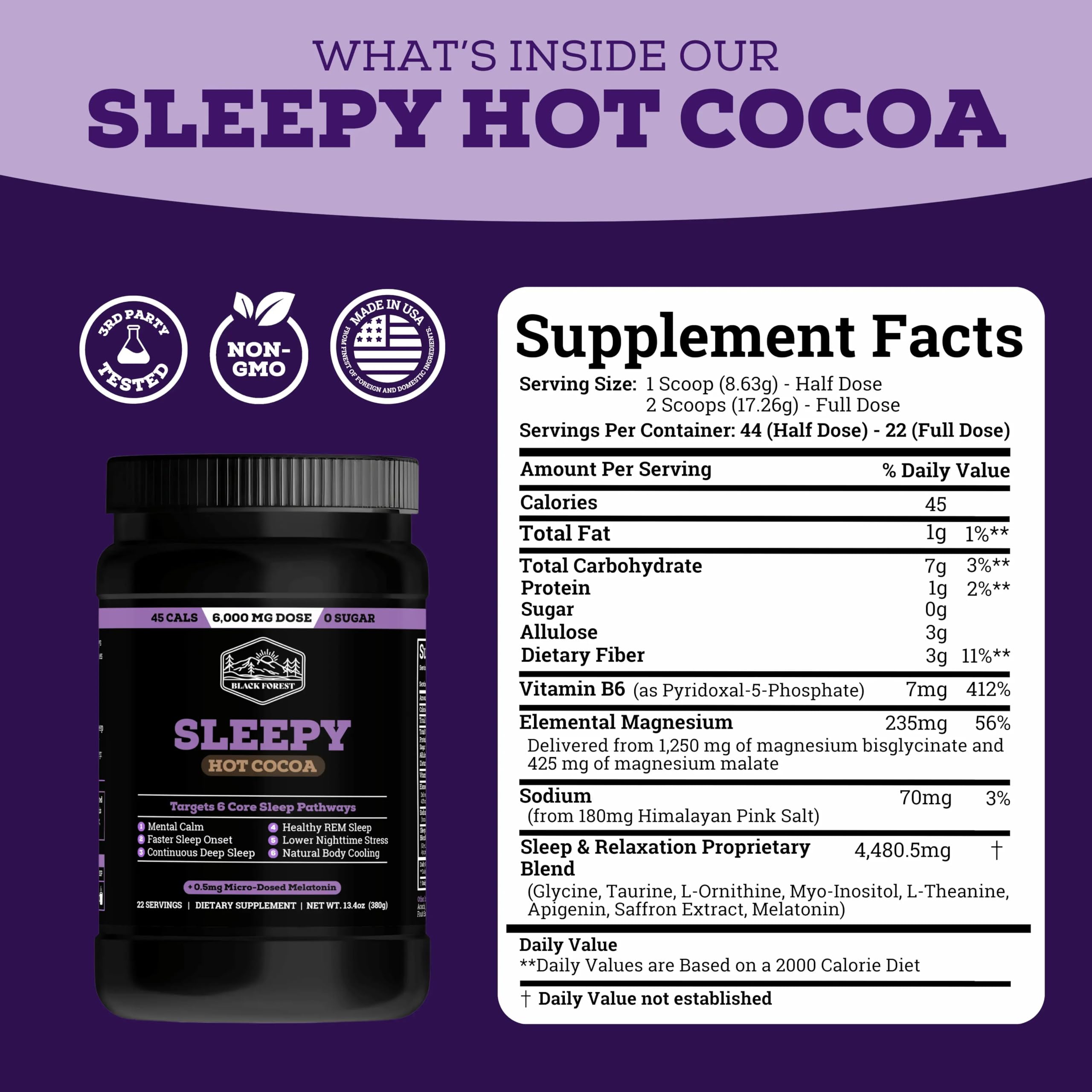 Black Forest Sleepy Hot Cocoa - Magnesium Hot Chocolate Sleepy Cocoa Sleep Powder for Adults with Melatonin & L-Theanine - Natural Sleep Drink Mix for Deep Sleep & Relaxation, Sleep Powder 22 Servings — Amazon image 3