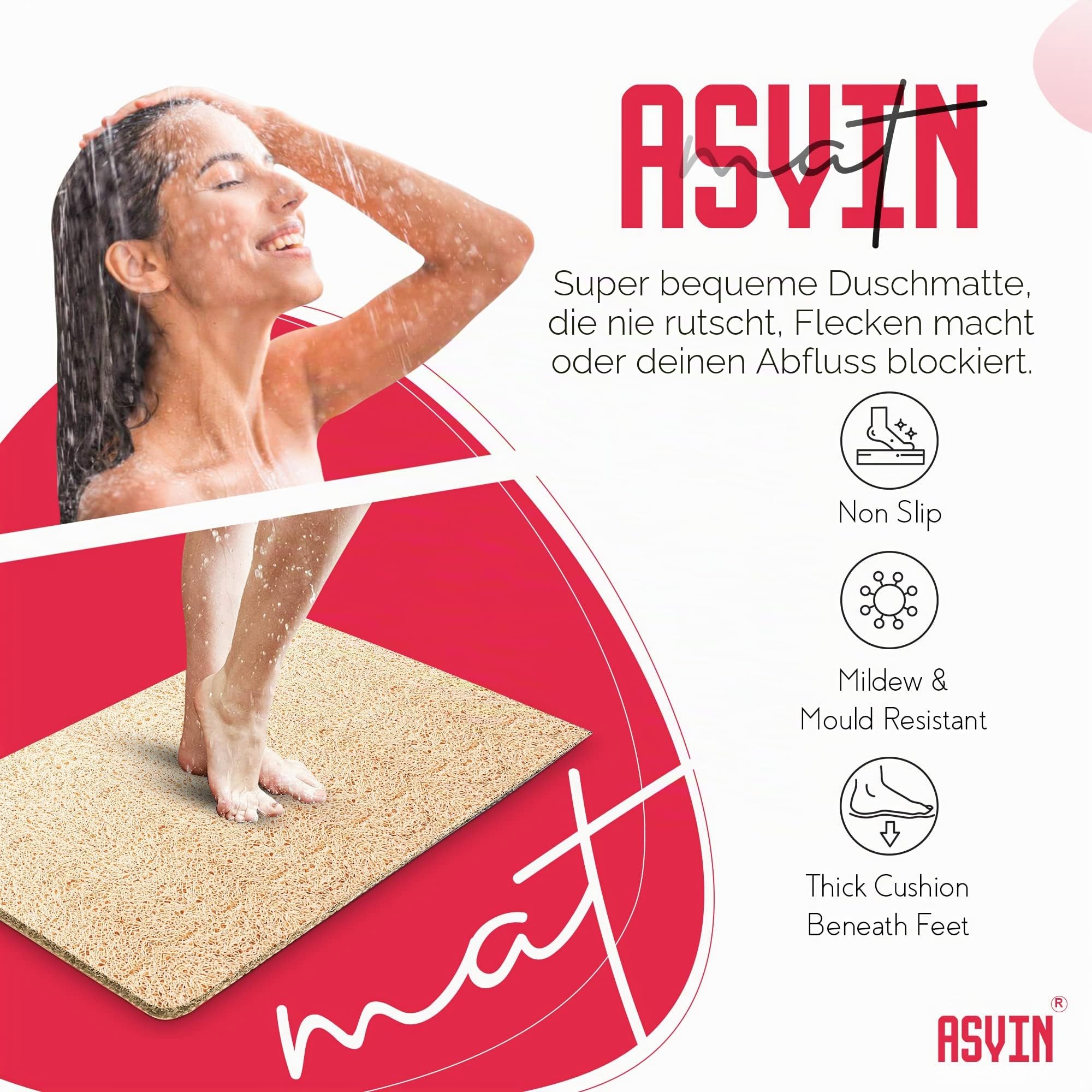 Asvin Weiche, strukturierte, rutschfeste Bade- und Duschmatte für Dusche und Nassbereiche, 40x60 cm, Beige, schnell trocknend, antibakteriell und schimmelresistent