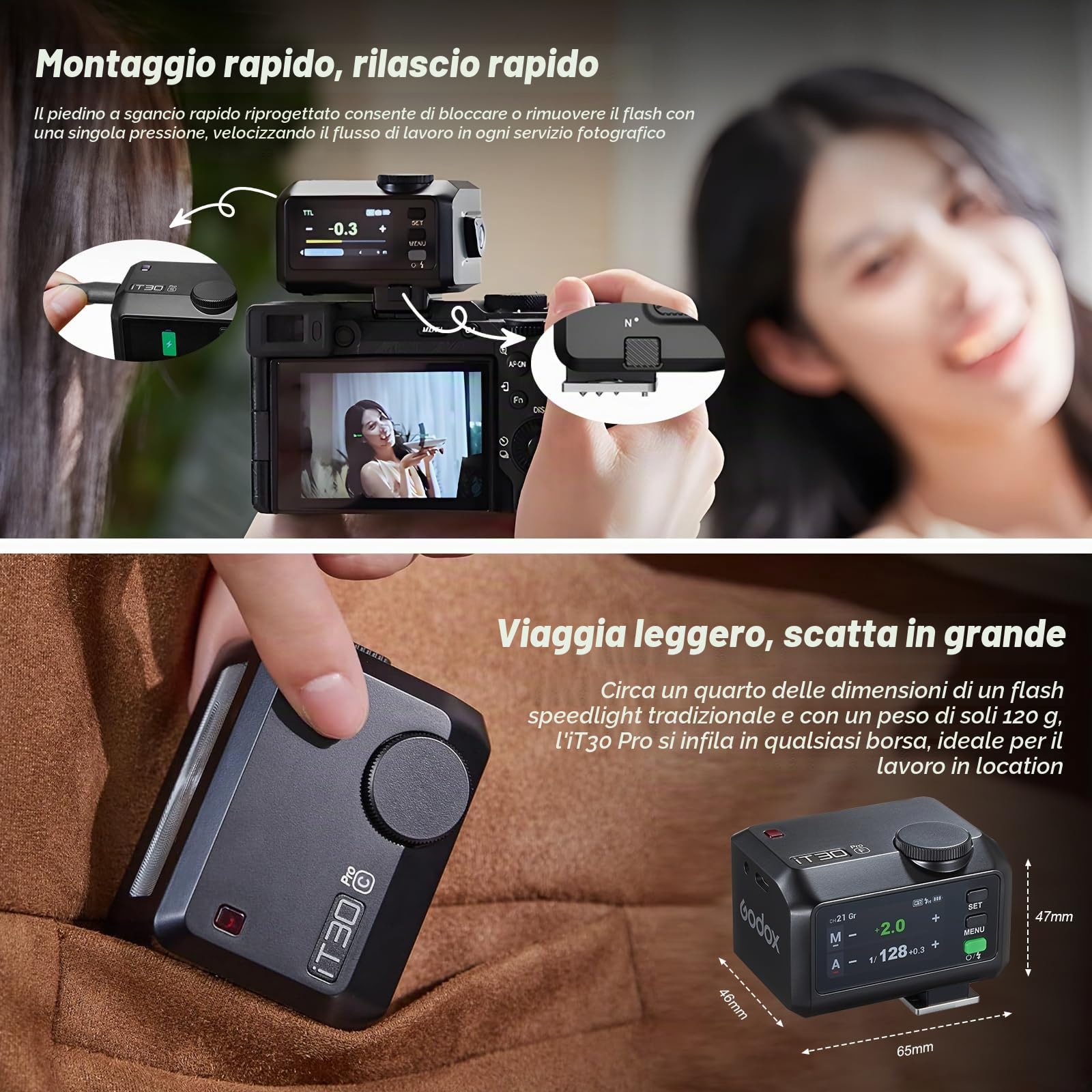 Godox iT30Pro-O iT30Pro O Mini Flash della Fotocamera con Diffusore Bianco Speedlite Camera Flash 560 Flash a Piena Potenza 2,4G Wireless Master&Receiver TTL 1/8000s para Olympus Panasonic DSLR(nero)