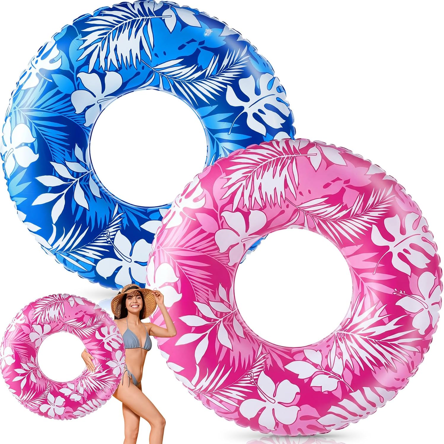 Silipull 2 Pcs Large Adult Float Tube 47.24 Inches Hawaii Inflatable Pool Ring Floats Single Sided Printing Inflatable Pool Tube Swimming Ring for Adults Summer Beach(Hawaii,Rose Red,Blue)
