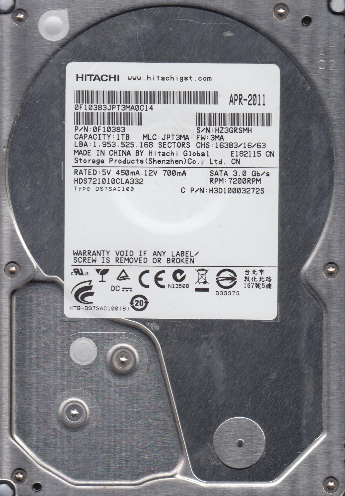 【中古】 HDS721010CLA332 PN 0F10383 MLC JPT3MA 日立1TB SATA 3.5ハードドライブ Amazon | HDS721010CLA332、PN 0F10383、MLC JPT3MA、日立1TB SATA 3.5