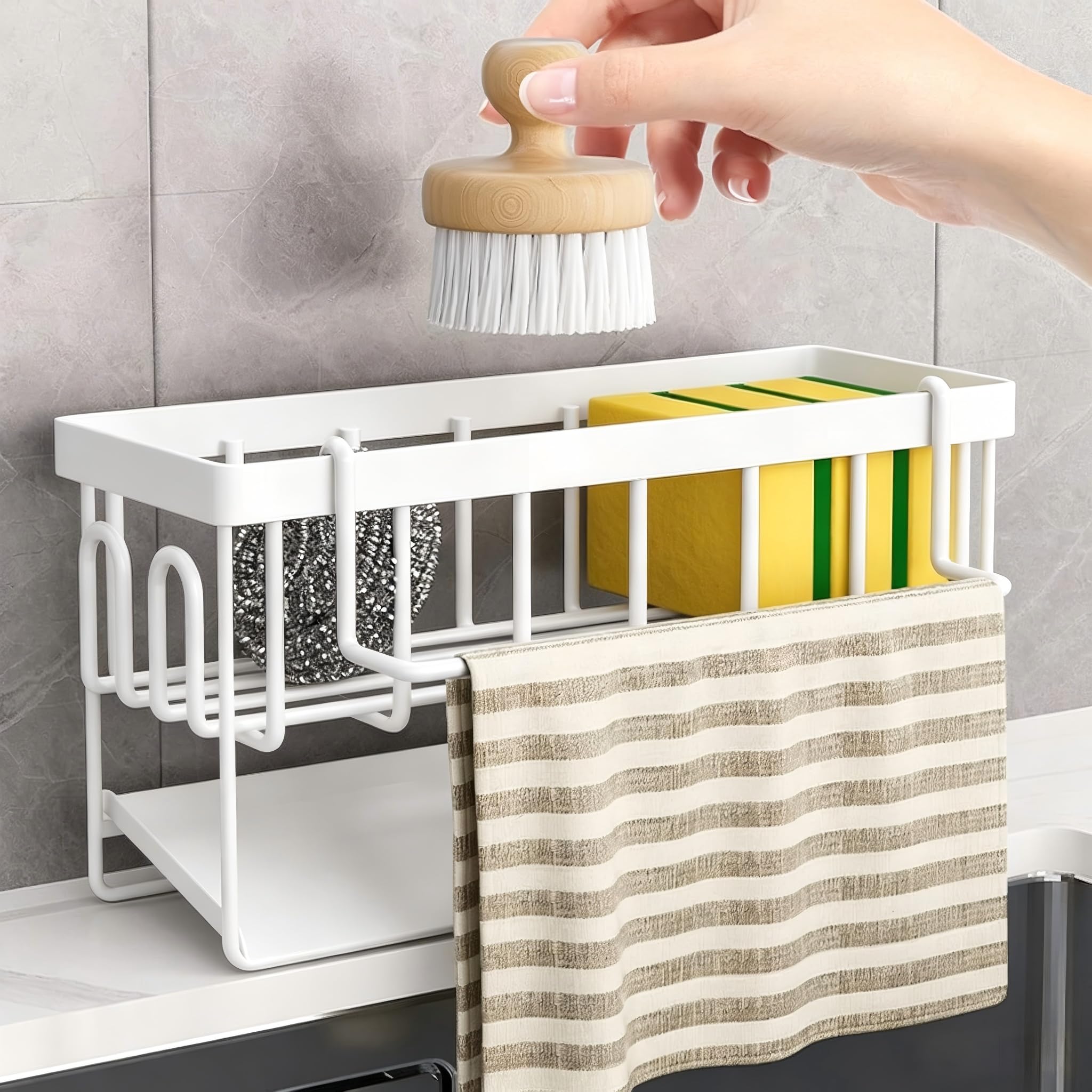Koolkasa Kitchen Spülbecken Organizer Schwammhalter - Küche Spüle Organizer mit Abnehmbarem Spültuchhalter, Metall Sink Organizer mit Automatisch Abflusspfanne, Kann an die Wand Gehängt Werden(Weiß)