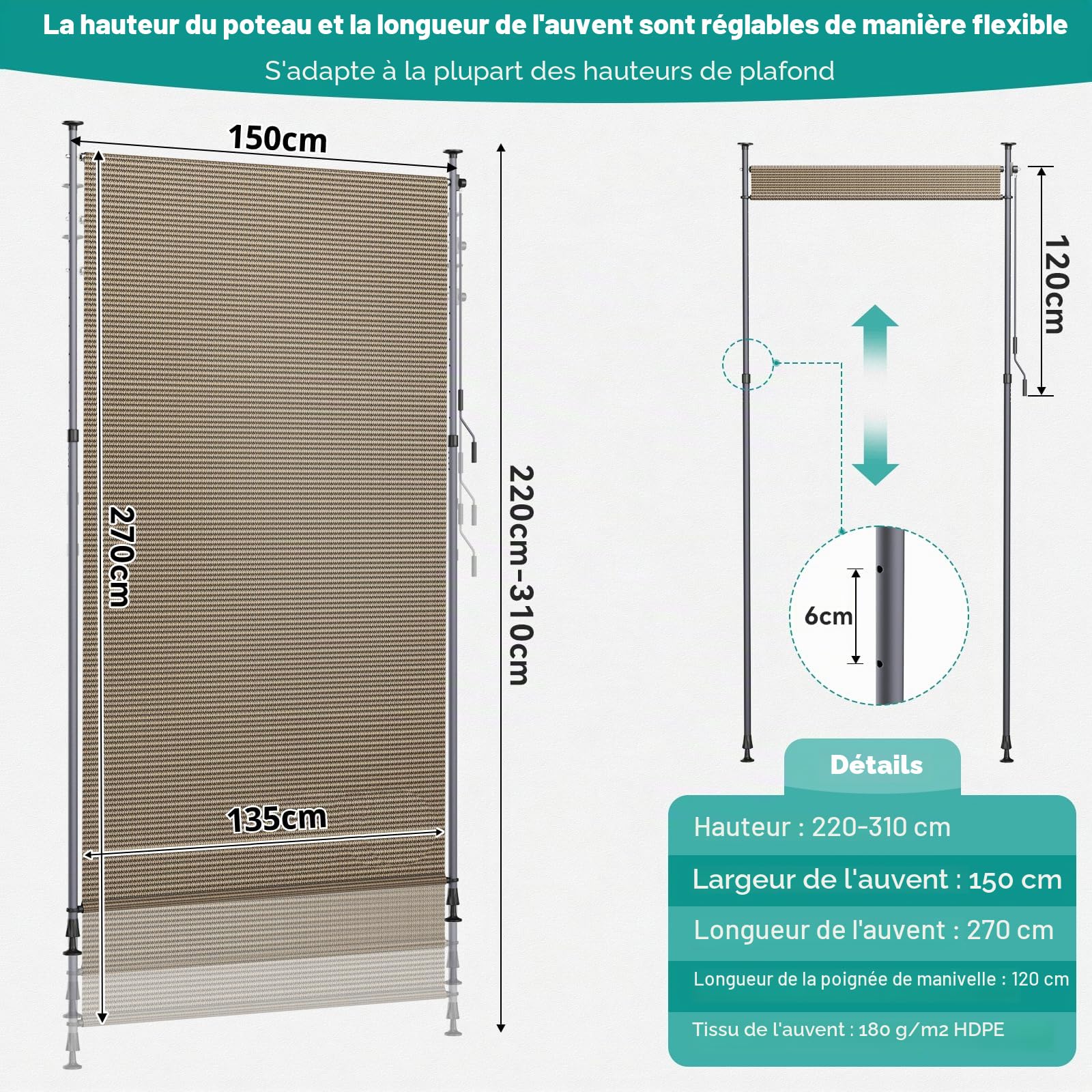 LIFERUN Store Vertical HDPE 150x310 cm Marron, Manivelle sans Perçage, Extensible Occultant, Brise-Vue, Protection Solaire, Résistant aux Intempéries pour Balcon, Terrasse, Jardin