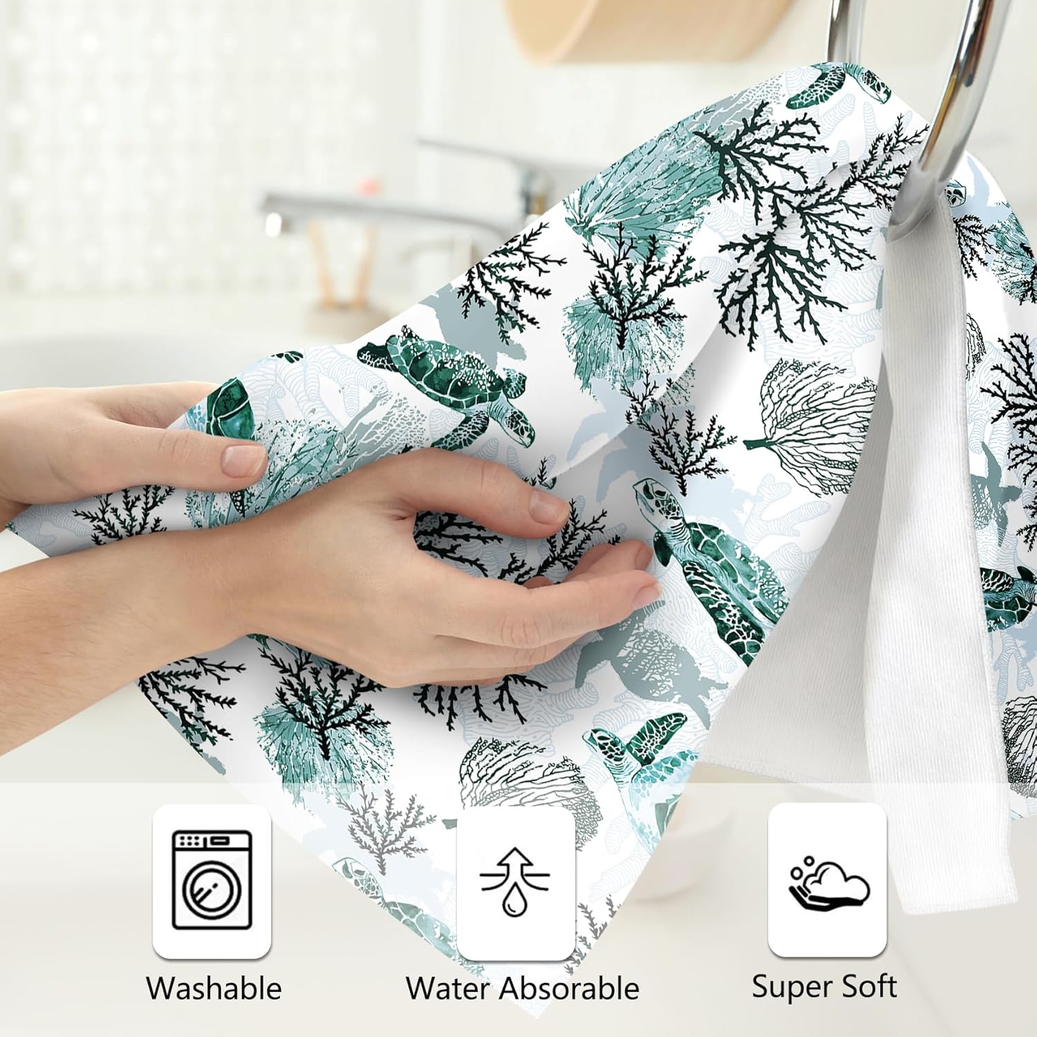 Sea Turtle Corals Coastal Hand Towels for Bathroom 14x28 Inch, Green Teal Nautical Bath Towels Decorative Set of 2 for Farmhouse Gym Kitchen Hotel Holiday Summer Beach Bathroom Home Decorations - Image 4