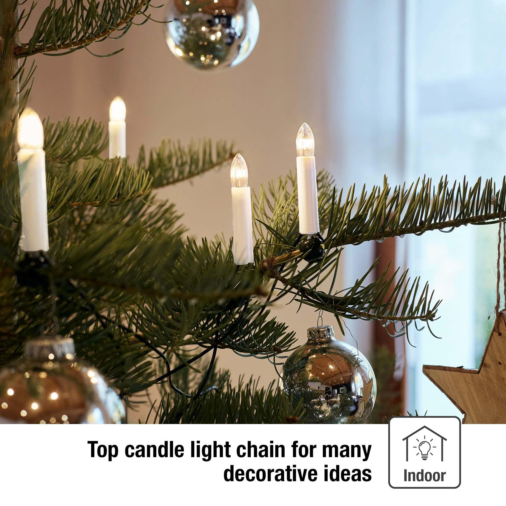 Hellum guirlande sapin, Made in Germany, bougies cannelées clip, 30 lumières, longueur éclairée 20,3 m, câble vert, blanc chaud, tige blanche, intérieur, prise séparée, pas LED <59lm 813012