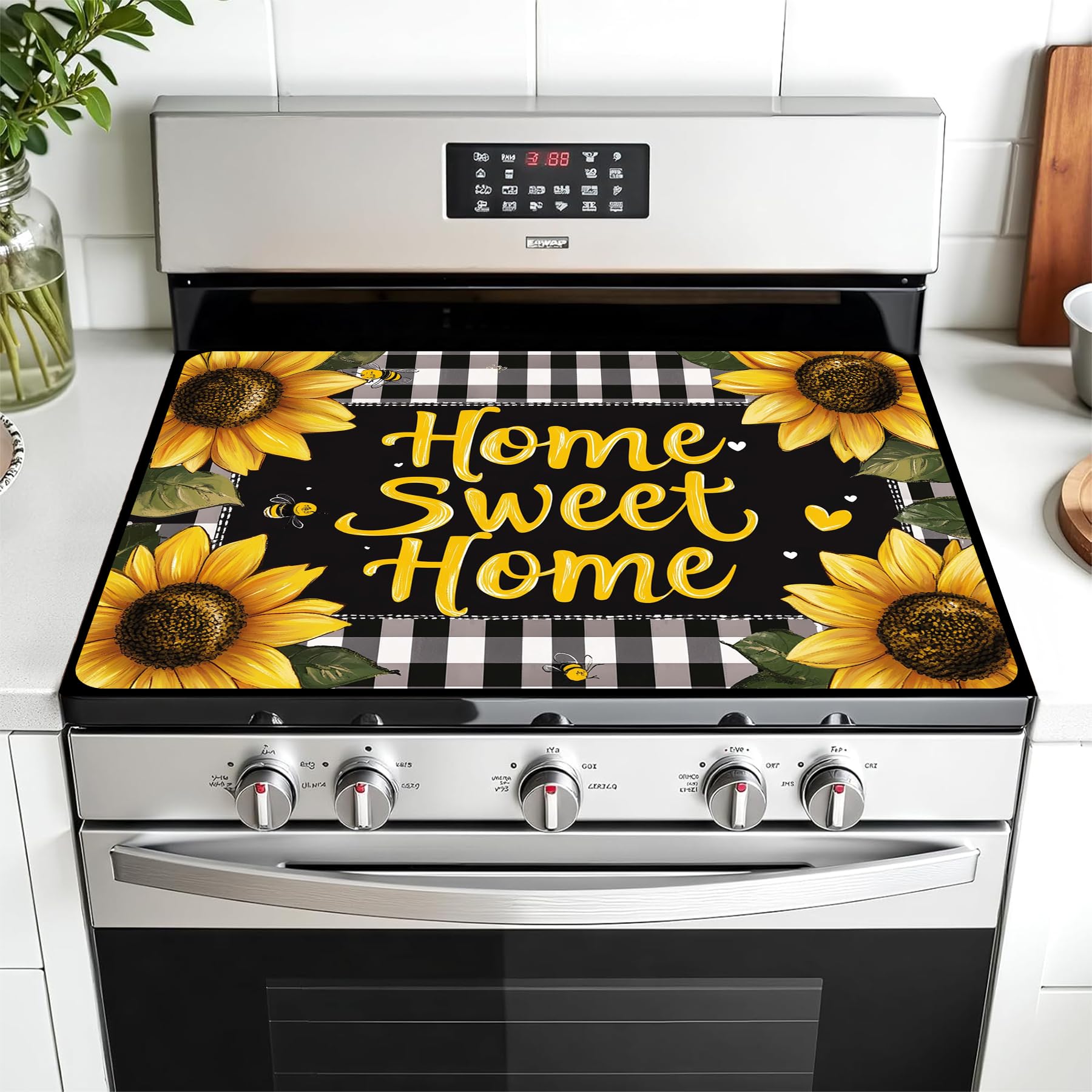 Multi-Design Stove Top Cover for Glass/Electric Stoves - 3-in-1 Heat-Resistant Protector Mat, Non-Slip Drying Rack 28"x20" (Sunflower, 28" L x 20" W)