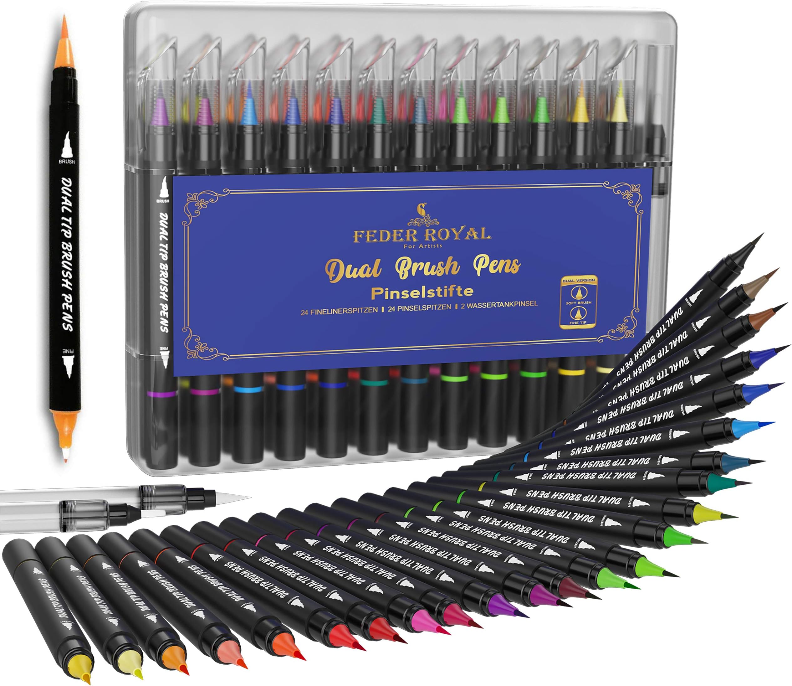 Brush Pens with 2 Water Tank Brushes - Brush Pen for Hand Lettering - 24 Watercolour Pencils - Brush Pens in Practical Box - Brush Pen Set Including E-Book