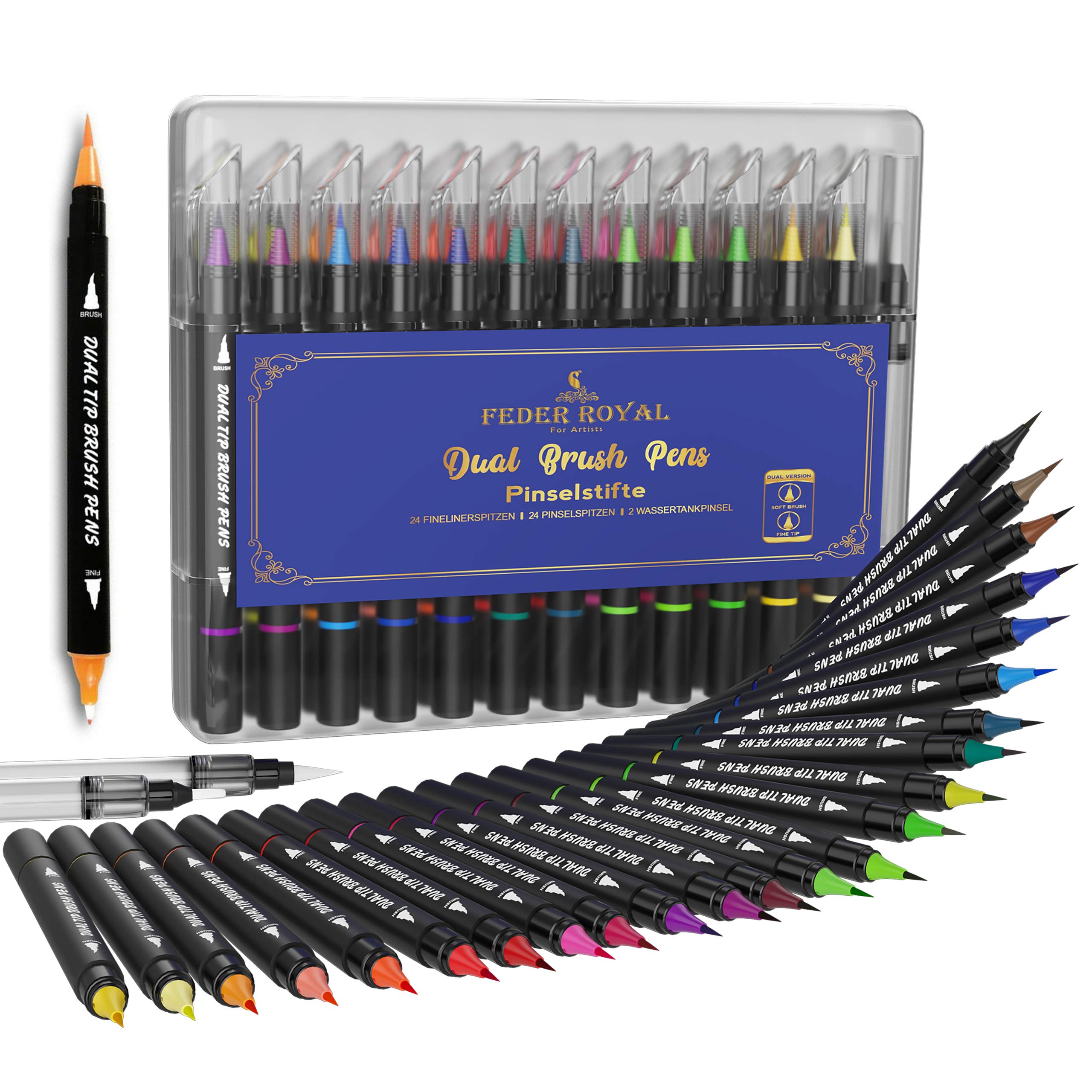 Brush Pens with 2 Water Tank Brushes - Brush Pen for Hand Lettering - 24 Watercolour Pencils - Brush Pens in Practical Box - Brush Pen Set Including E-Book