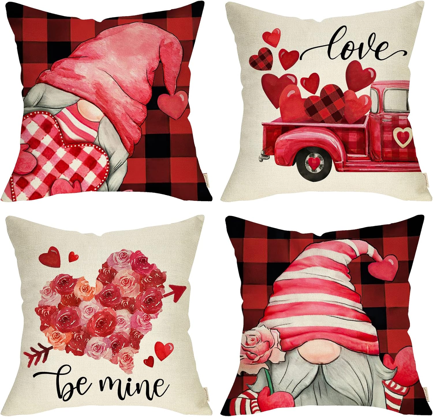 Fahrendom Valentines Day Gnome Love Truck Decorative Throw Pillow Cover 18×18 Set of 4, Red Black Buffalo Plaid Check Arrow Porch Patio Outdoor Pillowcase, Quote Be Mine Gifts Cushion Case Home Decor