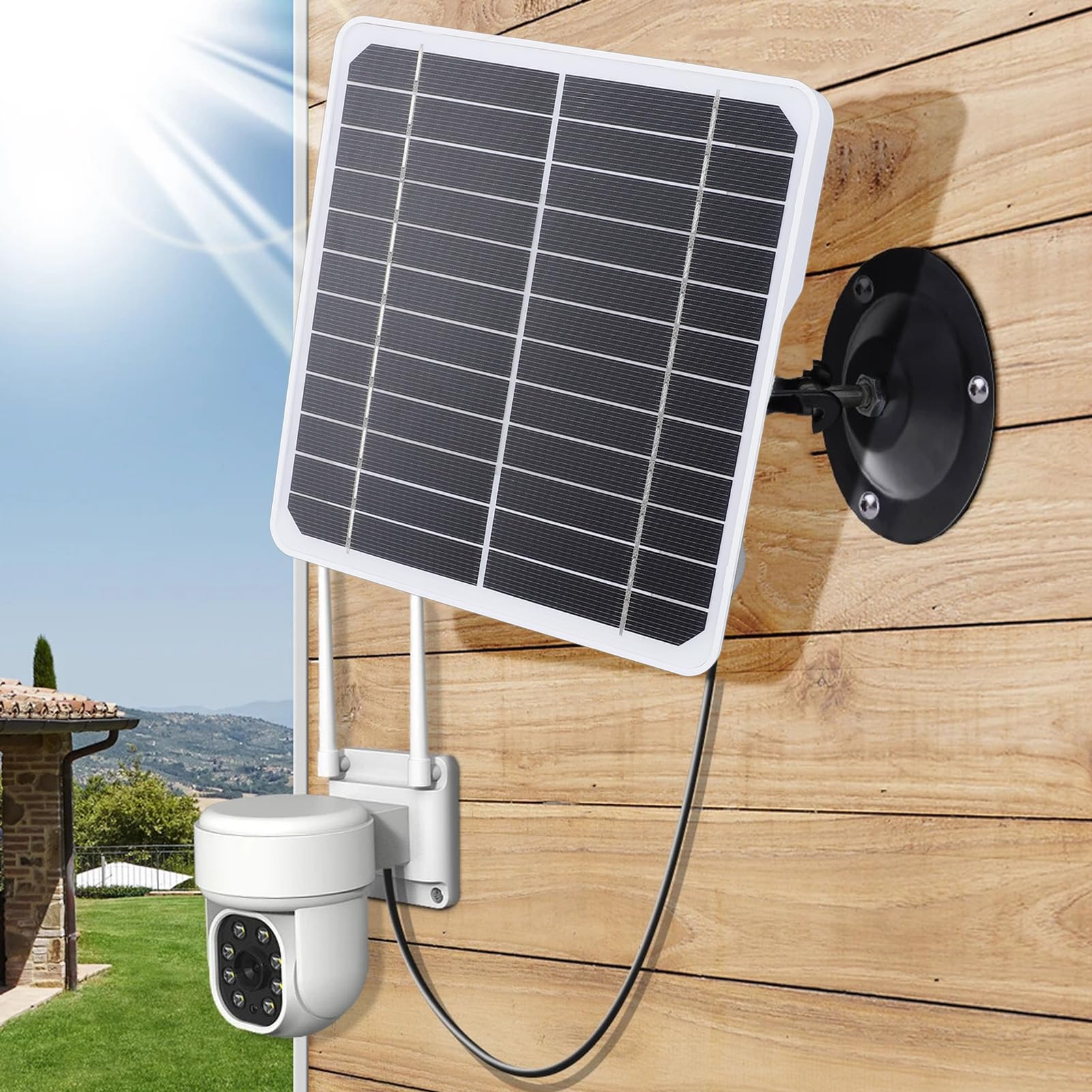 Pannello solare per telecamera di sicurezza, 20 W 5 V, pannello solare compatibile con fotocamera a batteria ricaricabile, caricabatterie da esterno IP68 USB impermeabile con supporto regolabile