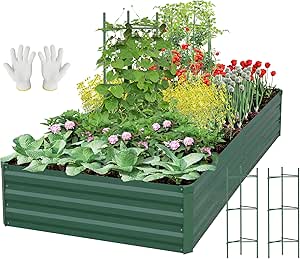 SONFILY Galvanized Raised Garden Bed Large Metal Outdoor for Gardening Planter Raised Bed Flower Bed Garden Boxes Outdoor with 2pcs Tomato Cages/Plant Supports, 8x4x1ft Green