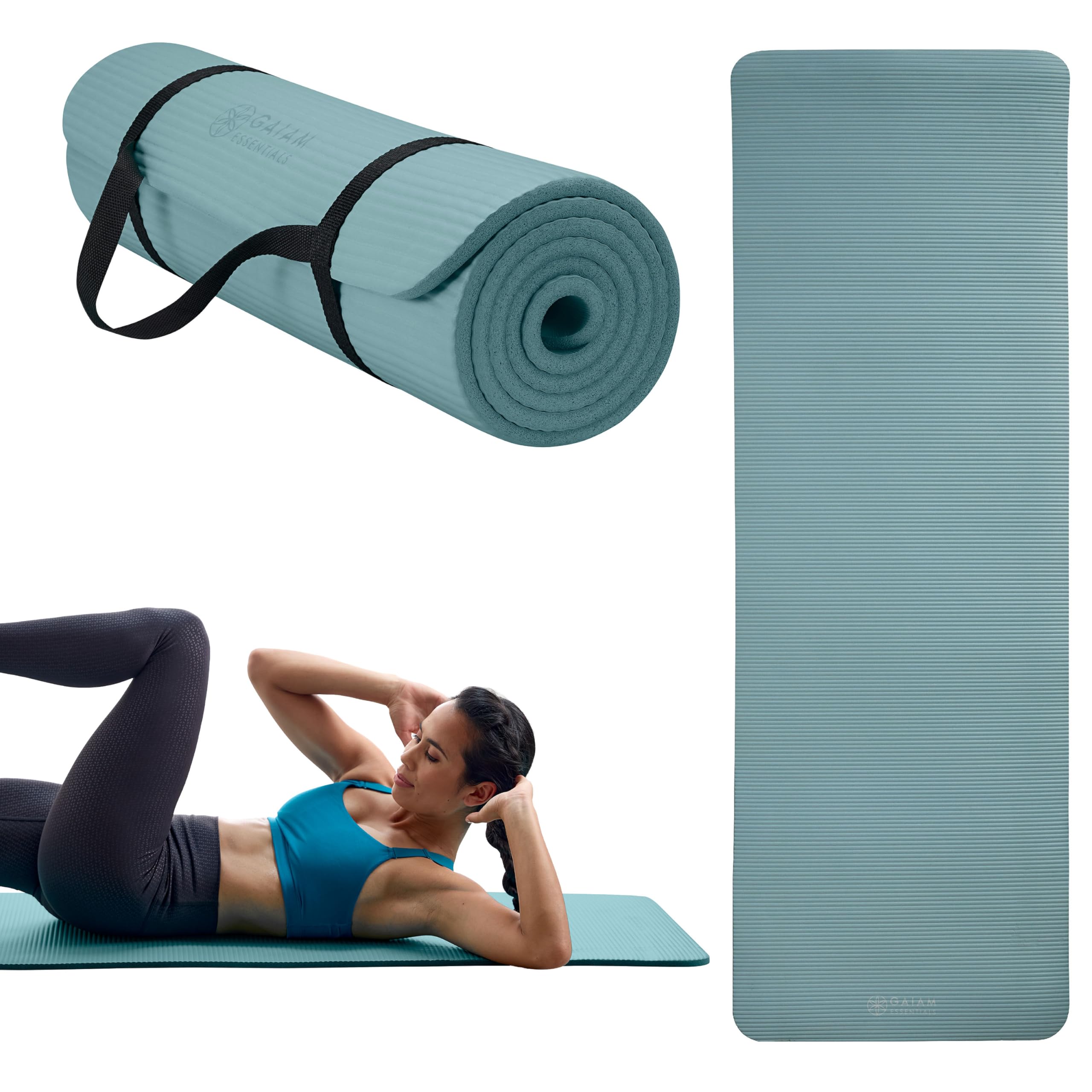 Gaiam Essentials 2/5" Thick (10mm) Yoga & Pilates, Fitness & Exercise Mat with Easy-Cinch Carrier Strap Cushion Support For Fitness and Gym Workouts