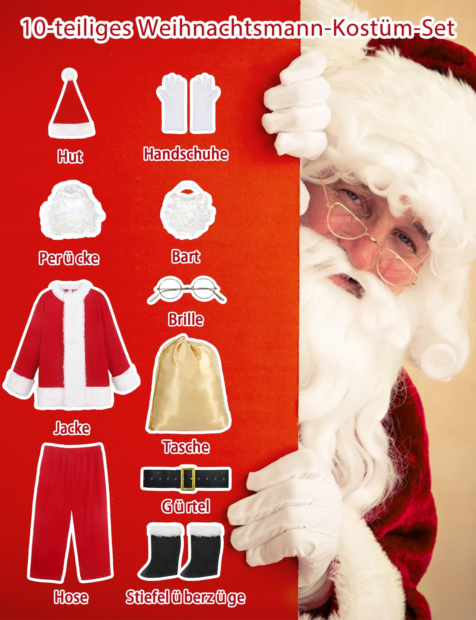 Weihnachtsmann Kostüm für Männer Deluxe Erwachsene Santa Anzug Herren Rot 10 teilig Professionelles Weihnachtsmann Outfit Weihnachten Cosplay Party
