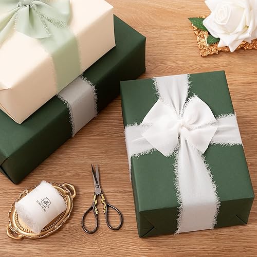 Miniatura 5 de DORIS HOME 3 rollos de cinta de gasa con flecos de 2 x 7 yardas para ramo de flores, cinta marfil hecha a mano para envolver regalos, cinta de borde