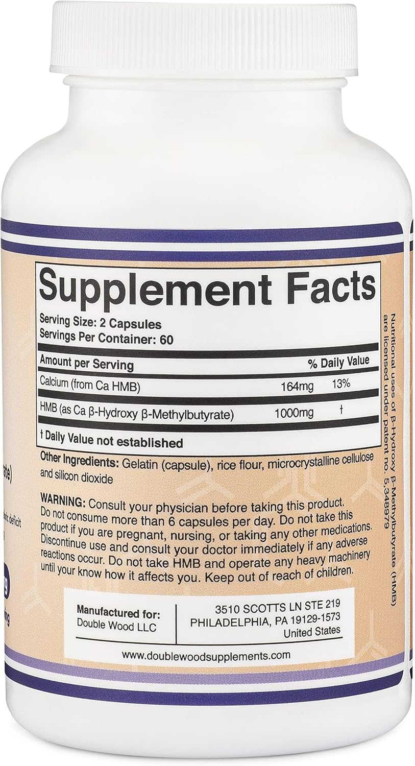 Double Wood Supplements HMB Supplement, Third Party Tested, Non-GMO, Gluten Free, 120 Capsules, 1000mg per Serving, 500mg per Capsule (Pack of 2)