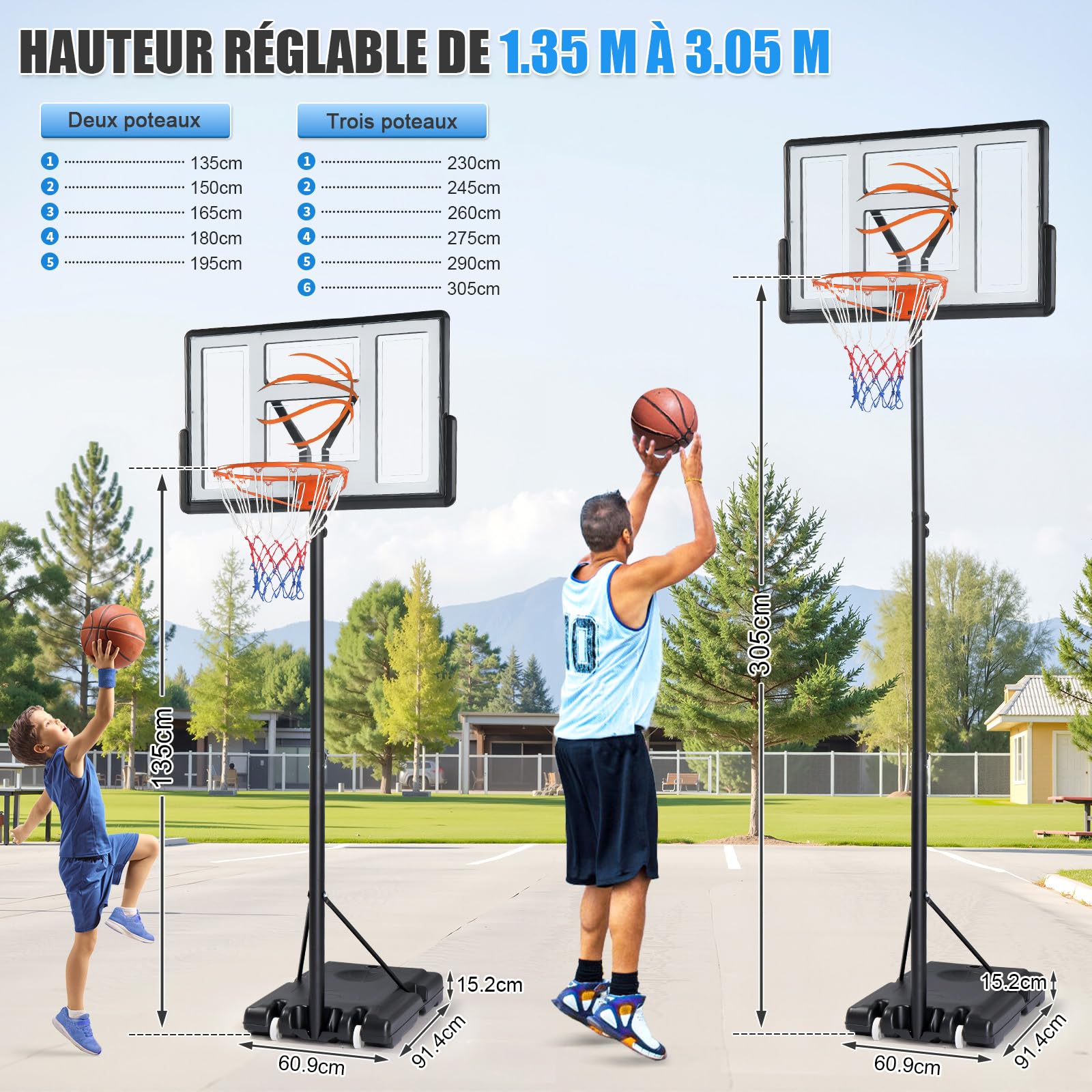 LEADZM Panier de Basketball Extérieur avec Support et roulettes, 2 Filets, pour Adultes et Enfants, Support de Basketball pour Jardin et Cour, Hauteur Réglable de 135 à 305 cm