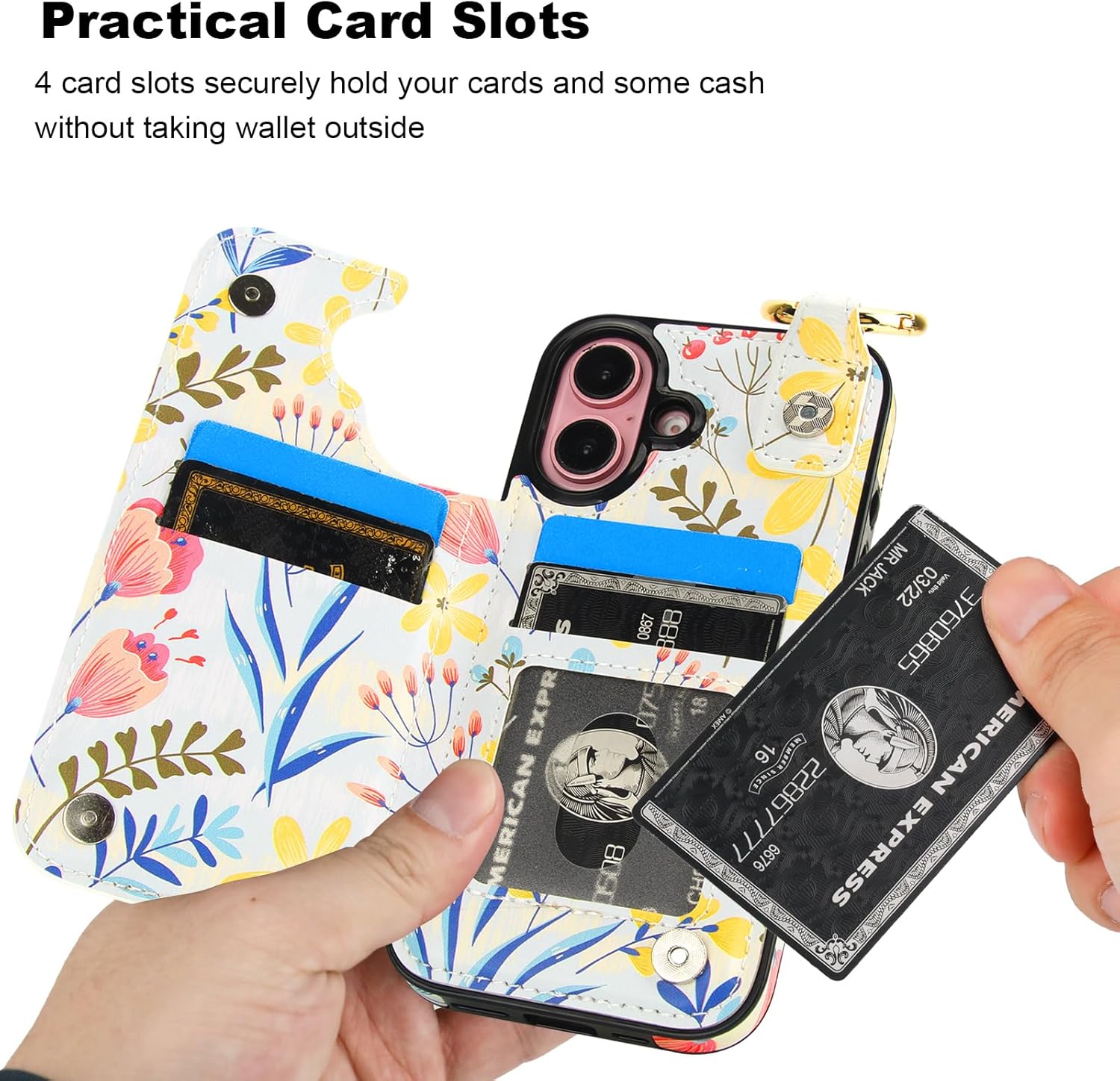 HAOPINSH for iPhone 16 Wallet Case with Card Holder, Floral Flower Print Back Flip Folio PU Leather Kickstand Card Slots Case, Finger Grip Ring Double Magnetic Clasp Shockproof 6.1"