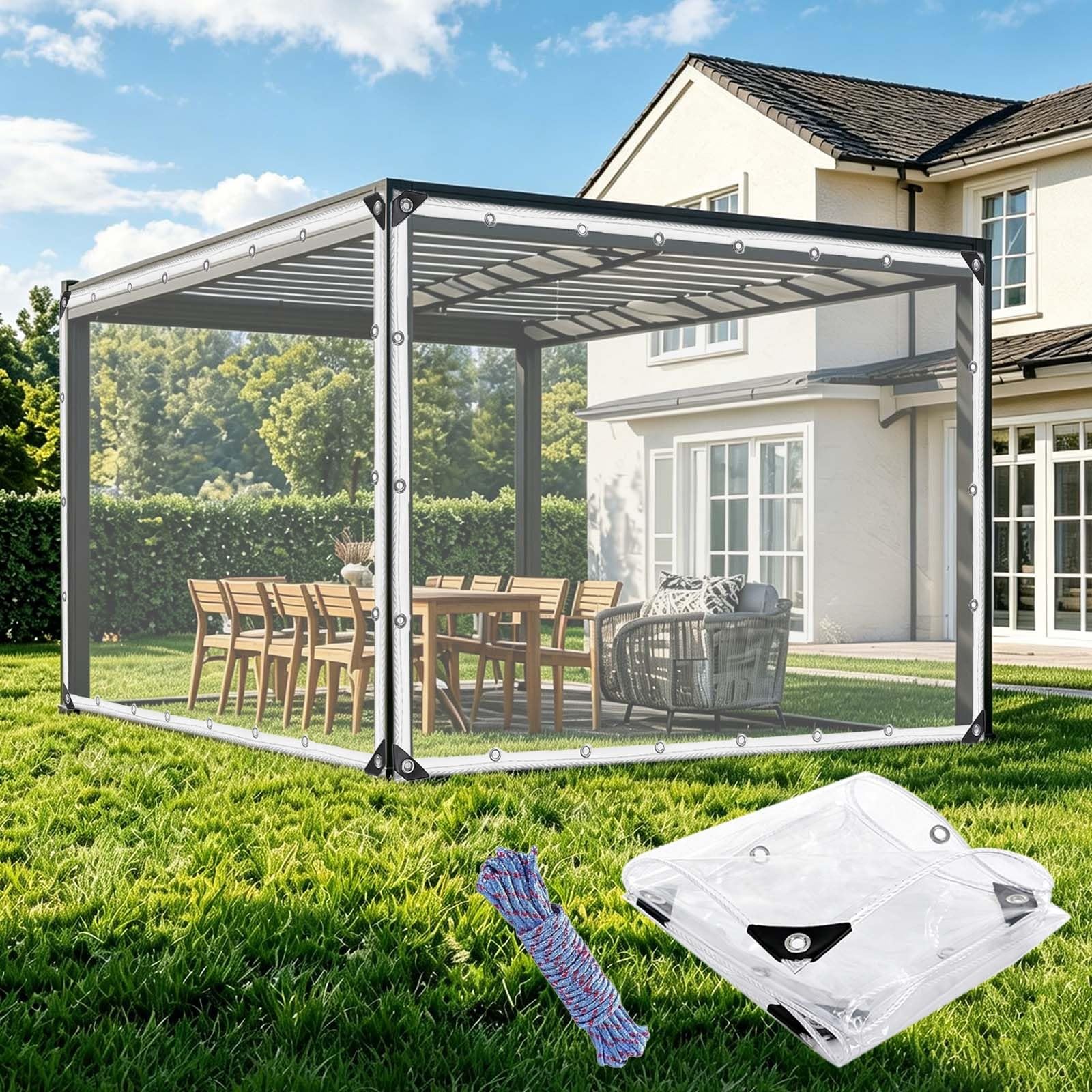 Clear Heavy Duty Tarpaulin 185 x 330 cm Waterproof, Transparent with Eyelets and Rope Tarp Cover, Waterproof Transparent Tarpaulin Heavy Duty for Pergola, Chicken Coop, colorless